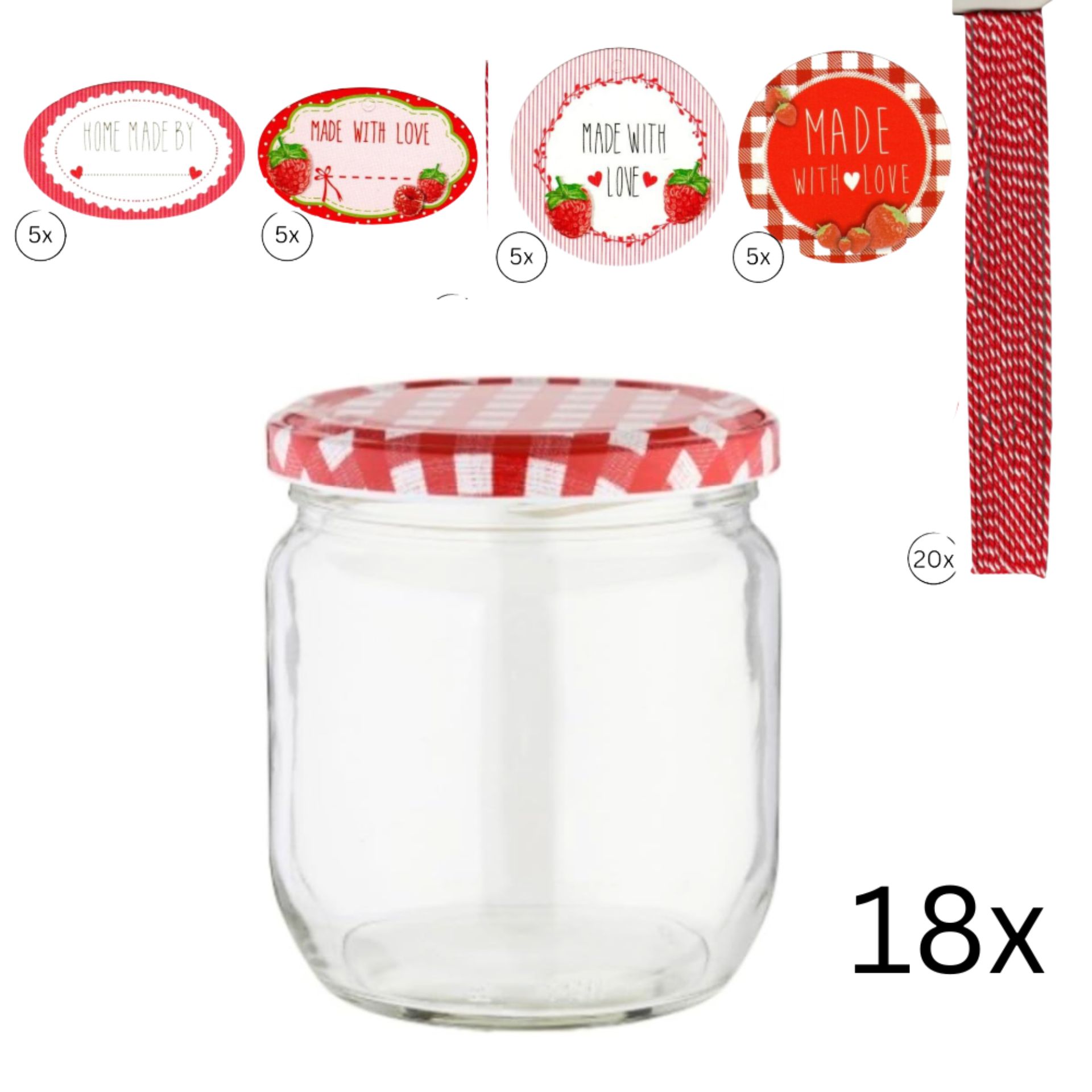 18 leere, transparente Rundgläser à 425 ml mit rot-weiß karierten Schraubdeckeln, in drei Reihen stehend auf weißem Hintergrund, ideal zur Aufbewahrung von Marmelade oder Konserven.