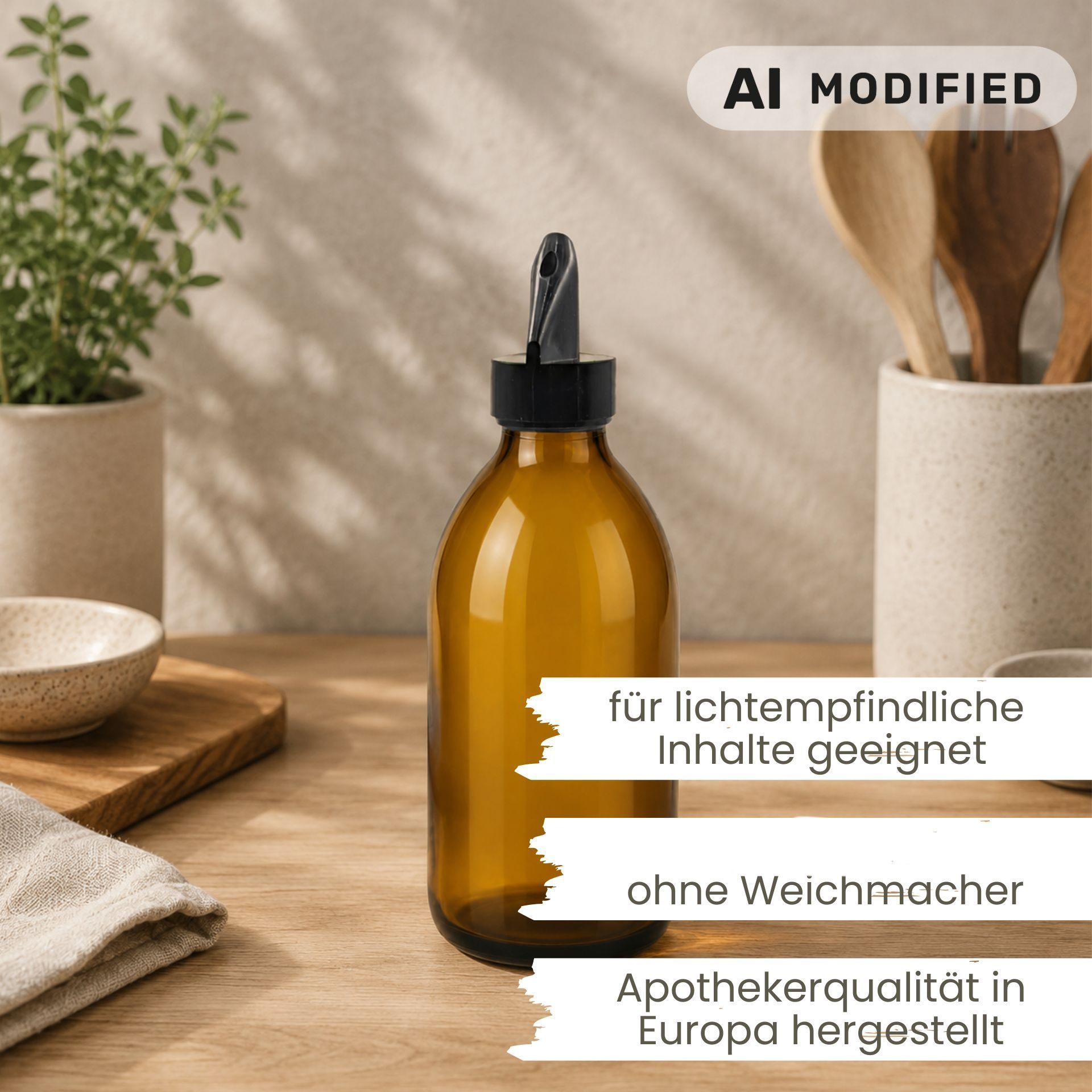 Braune Medizinflasche aus Glas mit 250 Millilitern Fassungsvermögen, vor weißem Hintergrund stehend.
