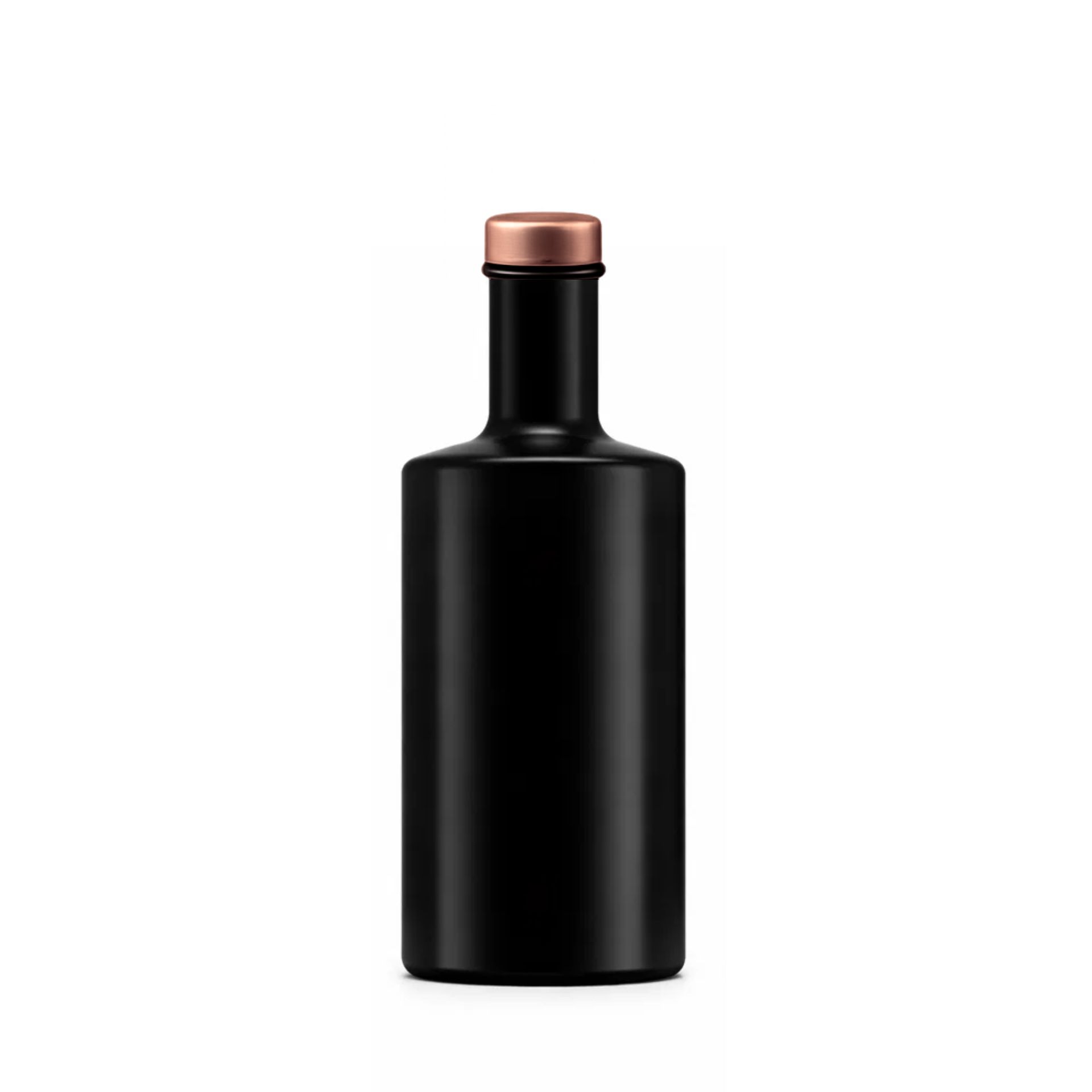 Klare 350-ml-Glasflasche der Marke Mikken mit schwarzem, zylindrischem Körper und Schraubdeckel in Kupferoptik, stehend vor weißem Hintergrund.