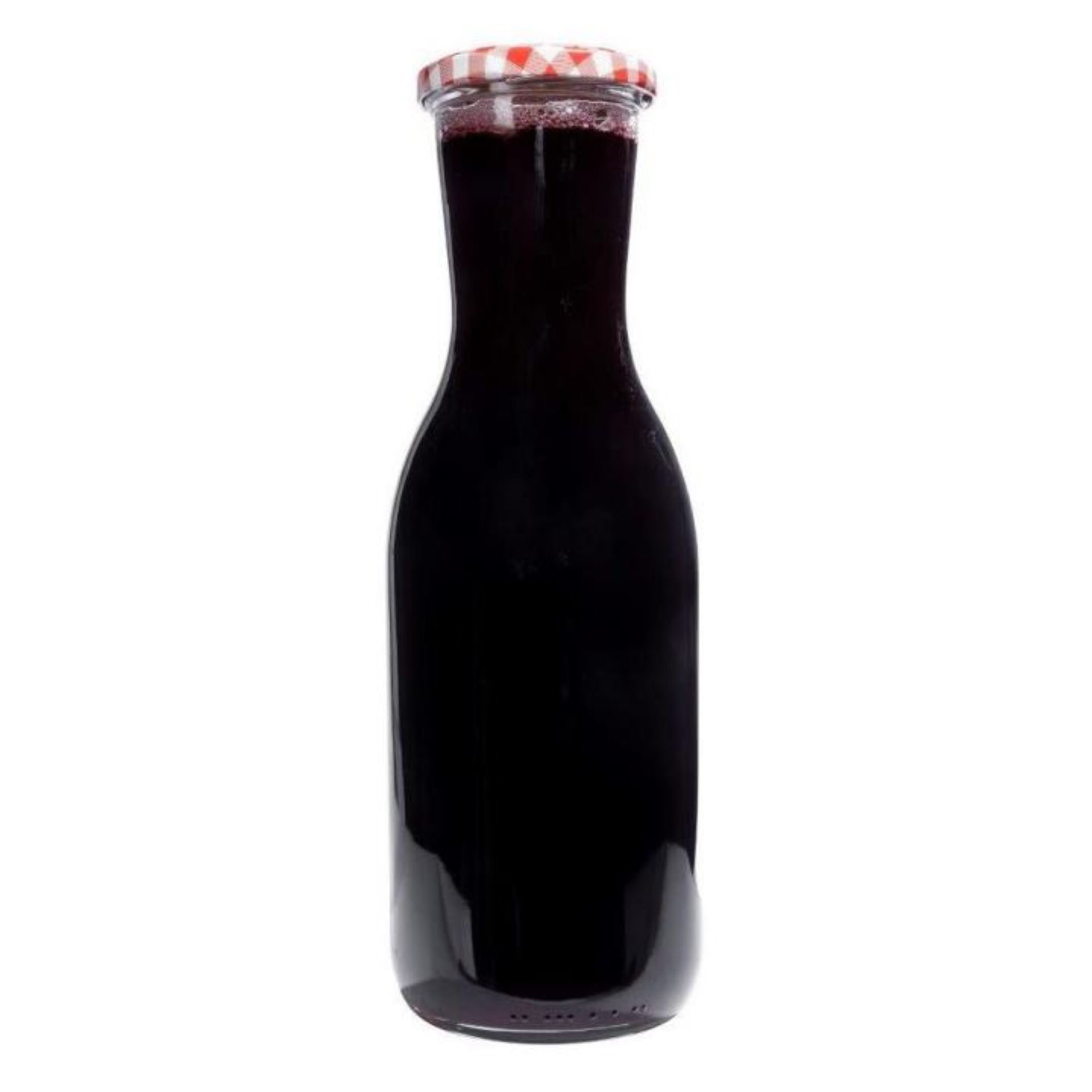 Klarglasflasche mit einem Liter Fassungsvermögen, zylindrische Form mit schmalem Hals und ohne Verschluss, stehend auf neutralem Hintergrund.