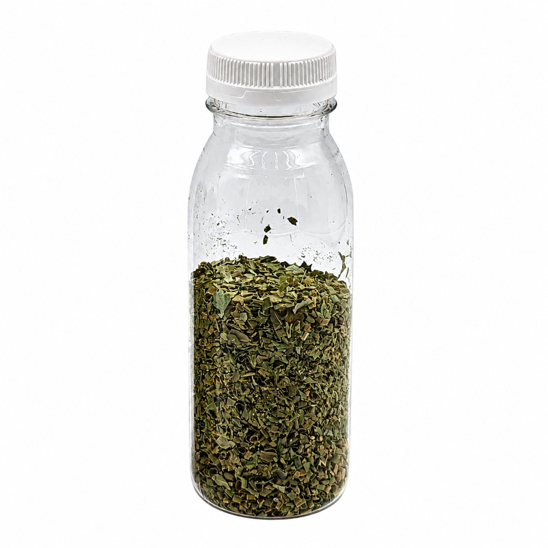 Transparente 250-ml-Smoothieflasche aus Kunststoff mit weißem Schraubverschluss, stehend vor weißem Hintergrund.