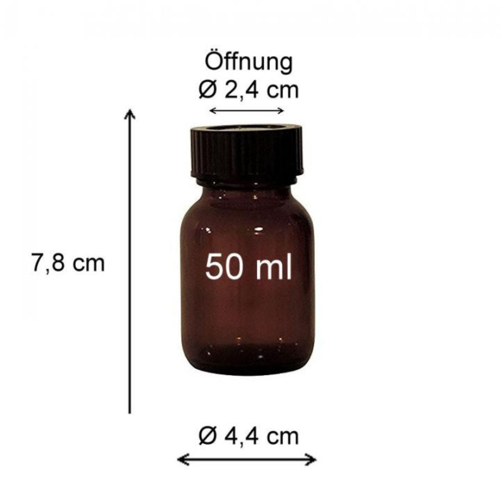 Braune 50 ml Apothekerflasche aus Glas mit Weithals und Schraubdeckel, ideal für die Aufbewahrung von Flüssigkeiten, Medikamenten oder Chemikalien.