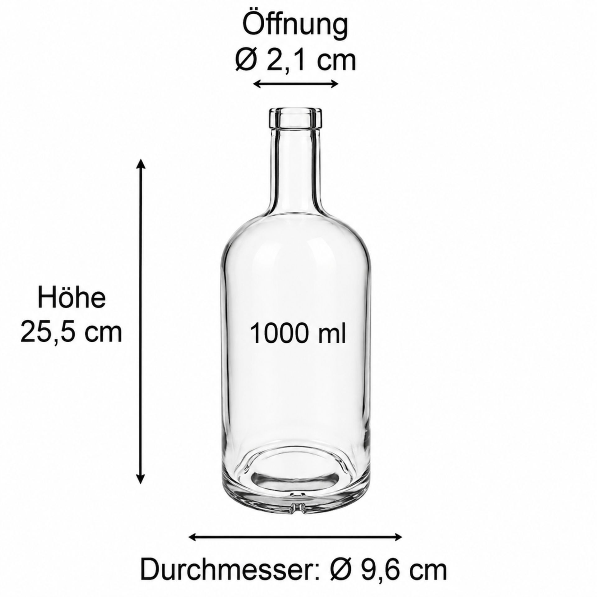 Leere, transparente Glasflasche mit einem Volumen von 1000 ml, stehend aufrecht, mit einem Naturkorken verschlossen; einfache, zylindrische Form ohne Etikett.