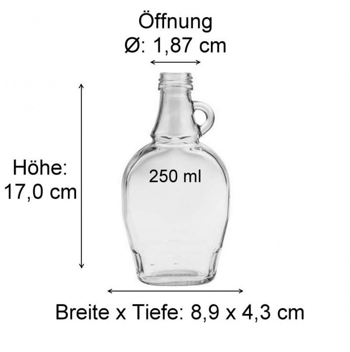 Vorschaubild für Glasflaschen-Website mit detaillierten Maßen und geometrischem Diagramm