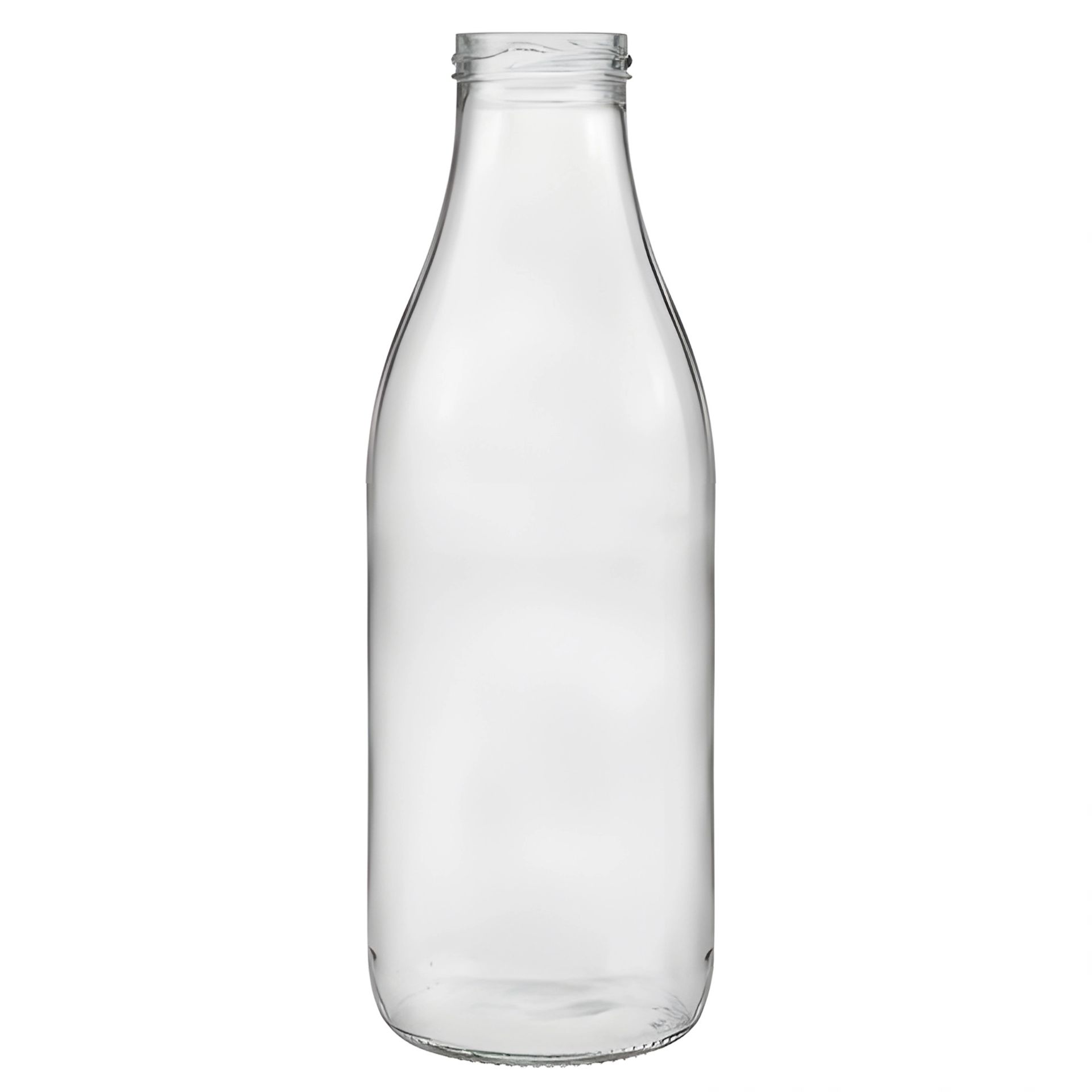 Glasflasche 1000 ml Milchflasche mit Deckel in verschiedenen Variationen - Hochwertige Glasflaschen für Getränkeaufbewahrung Klare Glasflasche mit 1000 ml Fassungsvermögen, aufrecht stehend, mit aufgeschraubtem silbernem Deckel, vor neutralem Hintergrund.