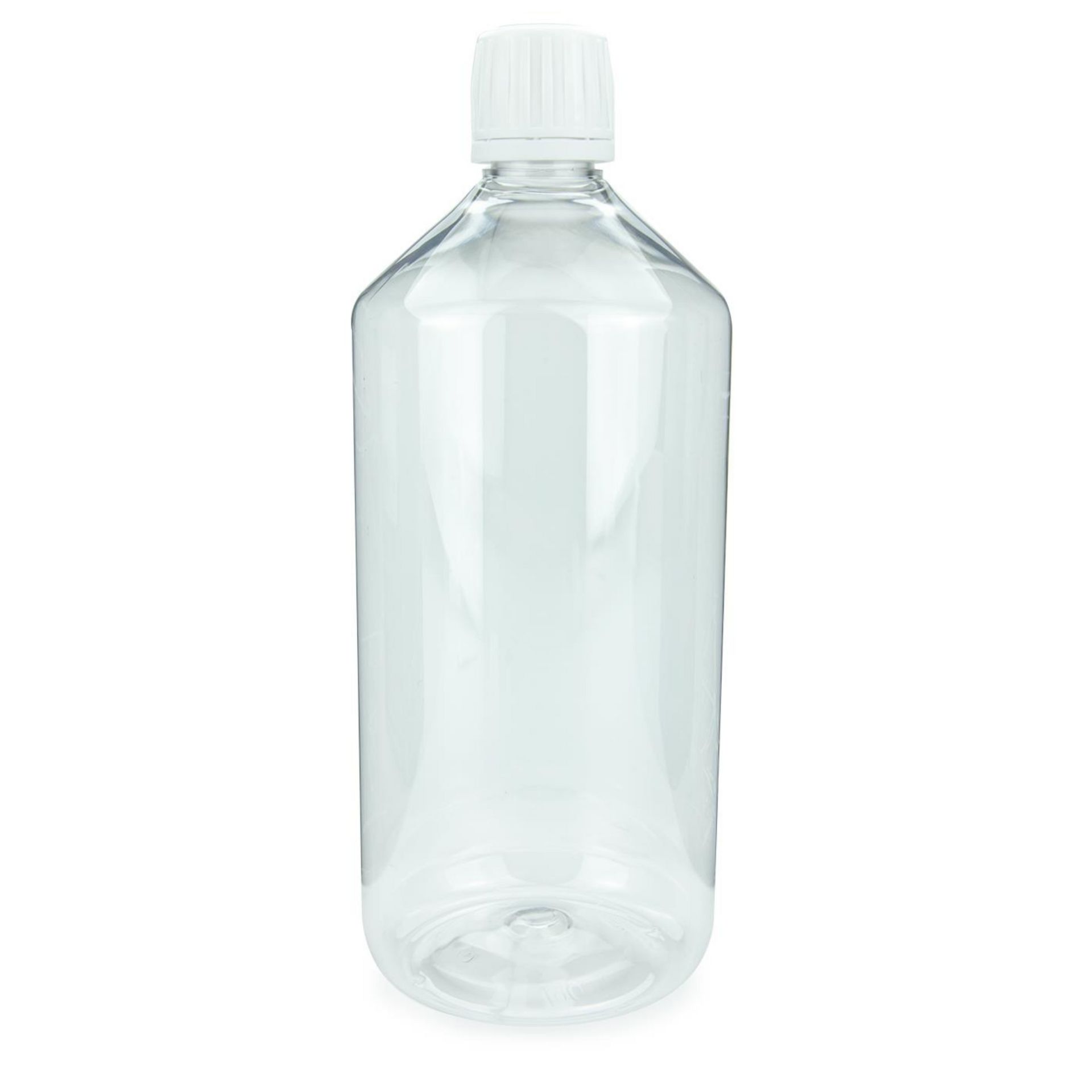 Klare Laborflasche aus transparentem PET mit einem Fassungsvermögen von 1000 Millilitern, ausgestattet mit einem schwarzen Schraubverschluss und integriertem Ausgießer, stehend auf weißem Hintergrund.