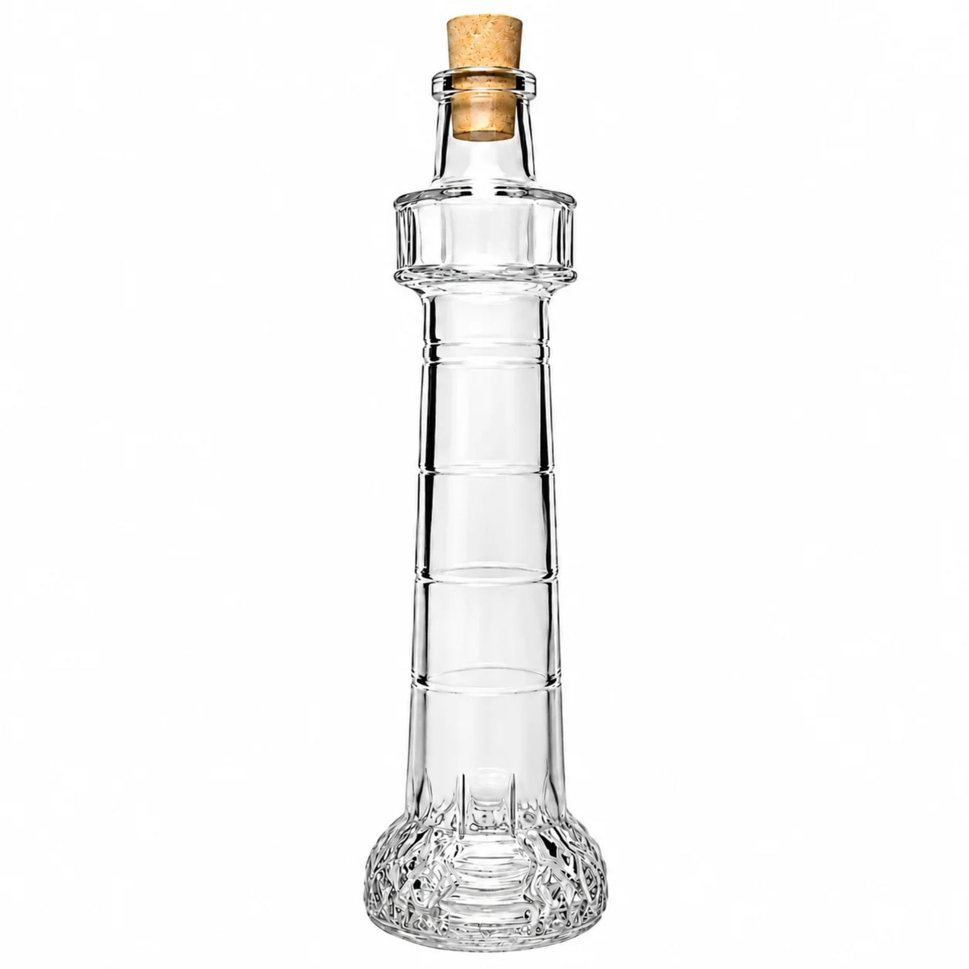 Glasflasche 200 ml in Leuchtturmform mit Korken, ideal für dekorative Zwecke und Aufbewahrung von Flüssigkeiten.