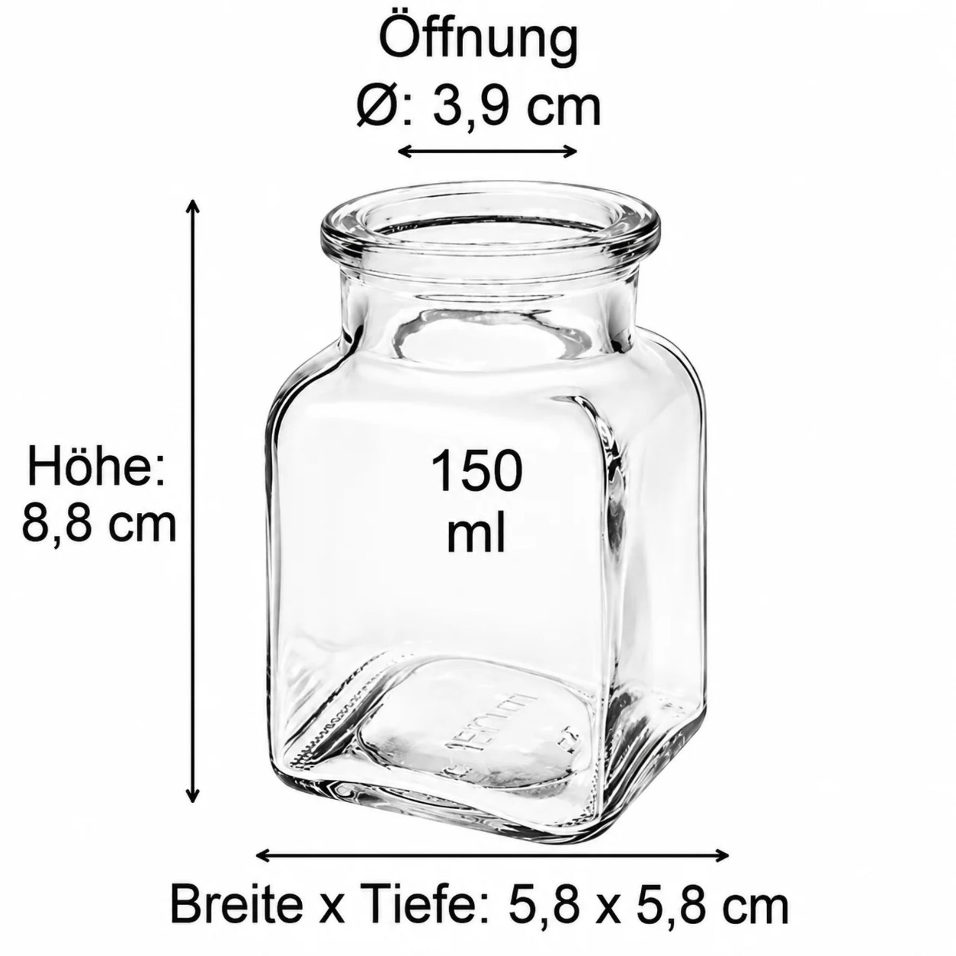 Maßzeichnung einer transparenten Mehrweg-Glasflasche mit den genauen Abmessungen in Millimetern, ideal zur Planung und Fertigung von personalisierten Getränkebehältern.
