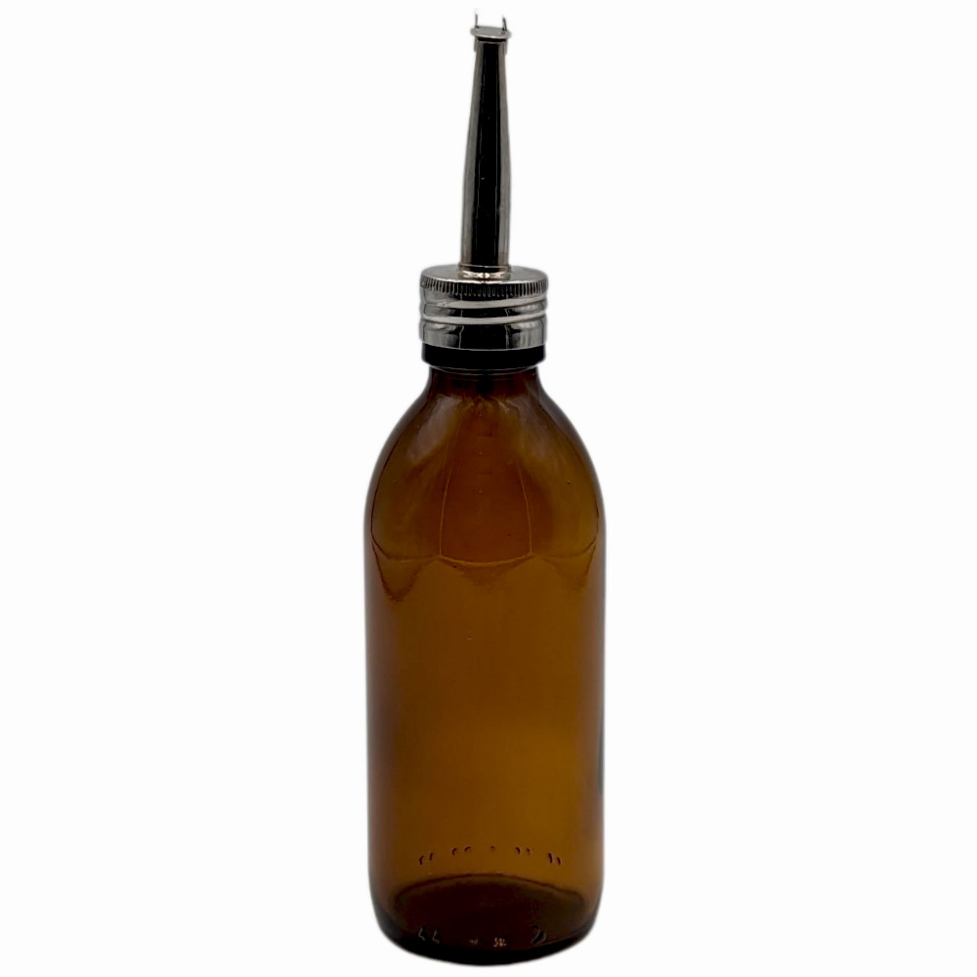Apothekerflasche aus braunem Glas mit 200 ml Fassungsvermögen, ausgestattet mit einem Edelstahl-Ausgießer; die Flasche steht aufrecht vor neutralem Hintergrund.