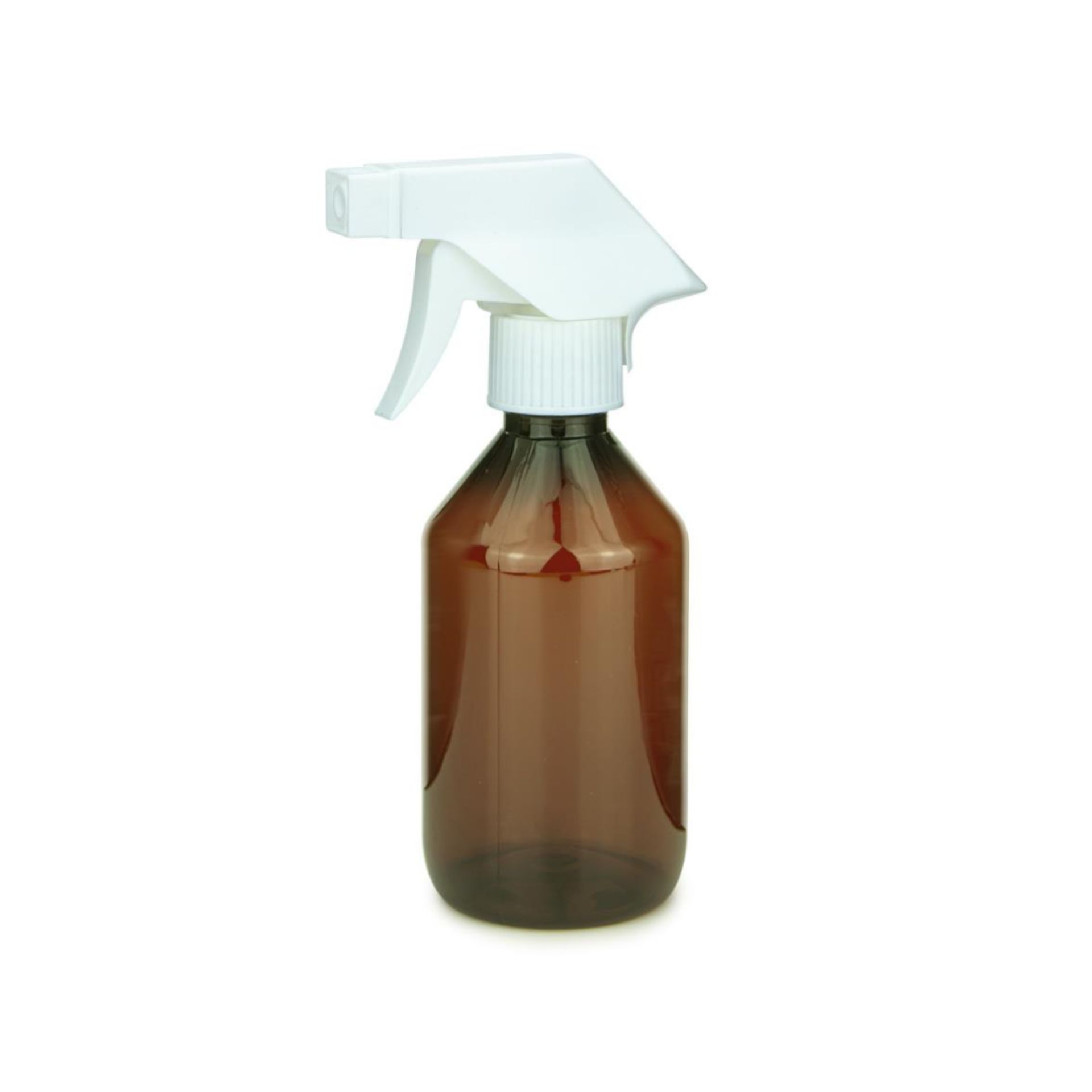 Weiße Apothekerflasche mit 250 ml Fassungsvermögen und transparenter Sprühpistole, stehend vor neutralem Hintergrund.