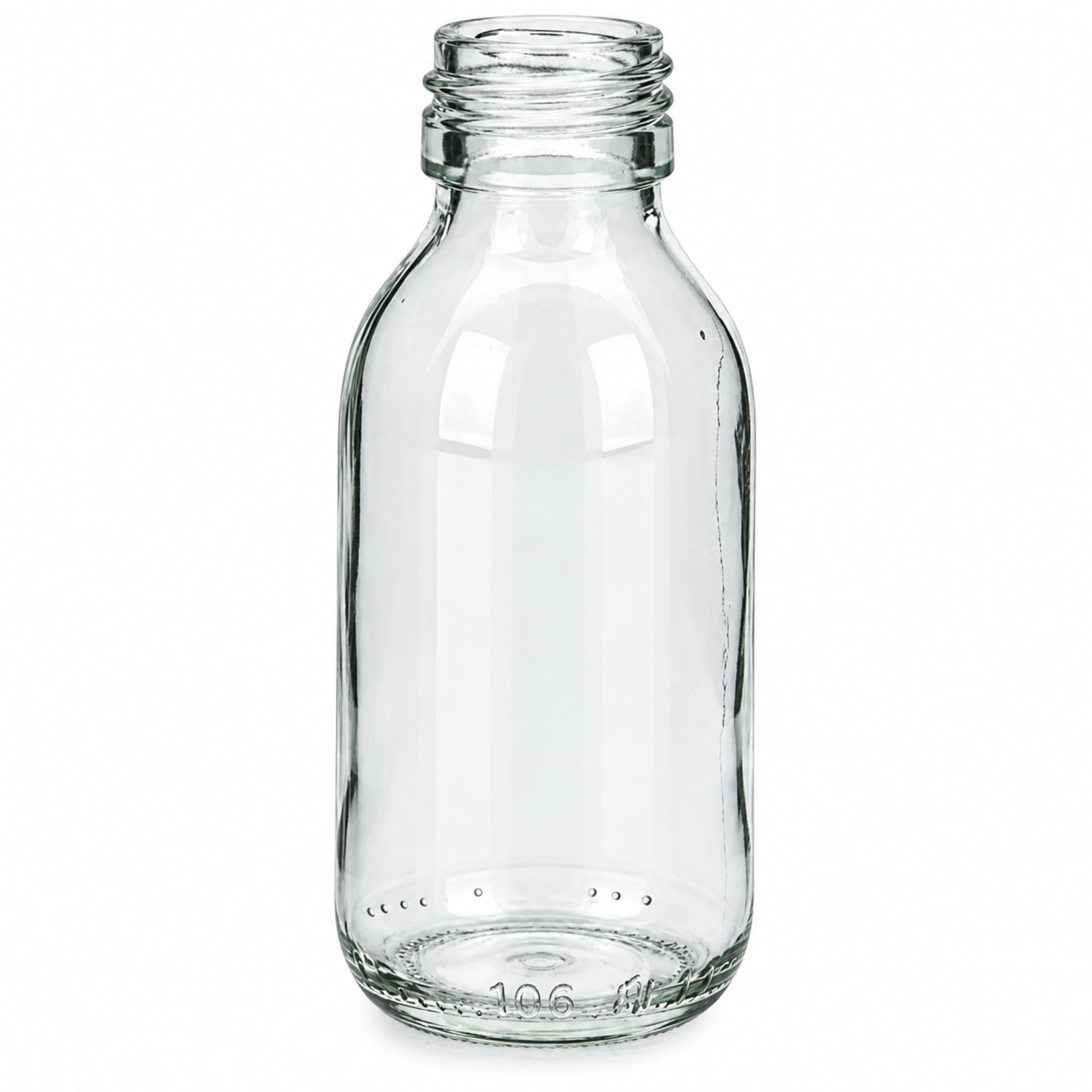 Klare 100-ml-Sirupflasche aus Glas ohne Deckel, auf weißem Hintergrund stehend.