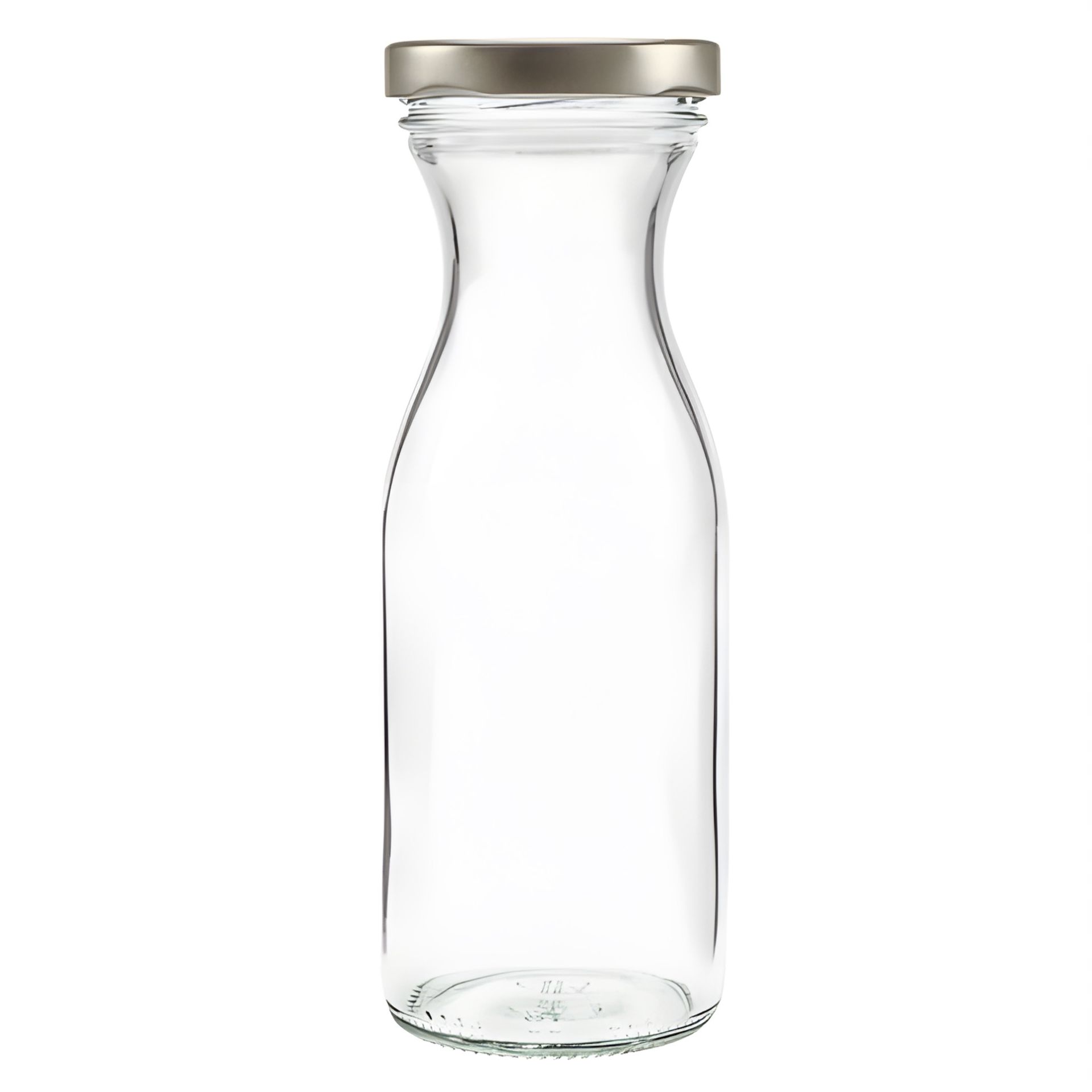 Klare Glasflasche mit 250 ml Fassungsvermögen, zylindrische Form mit kurzem Hals und Schraubgewinde, stehend auf weißem Hintergrund.