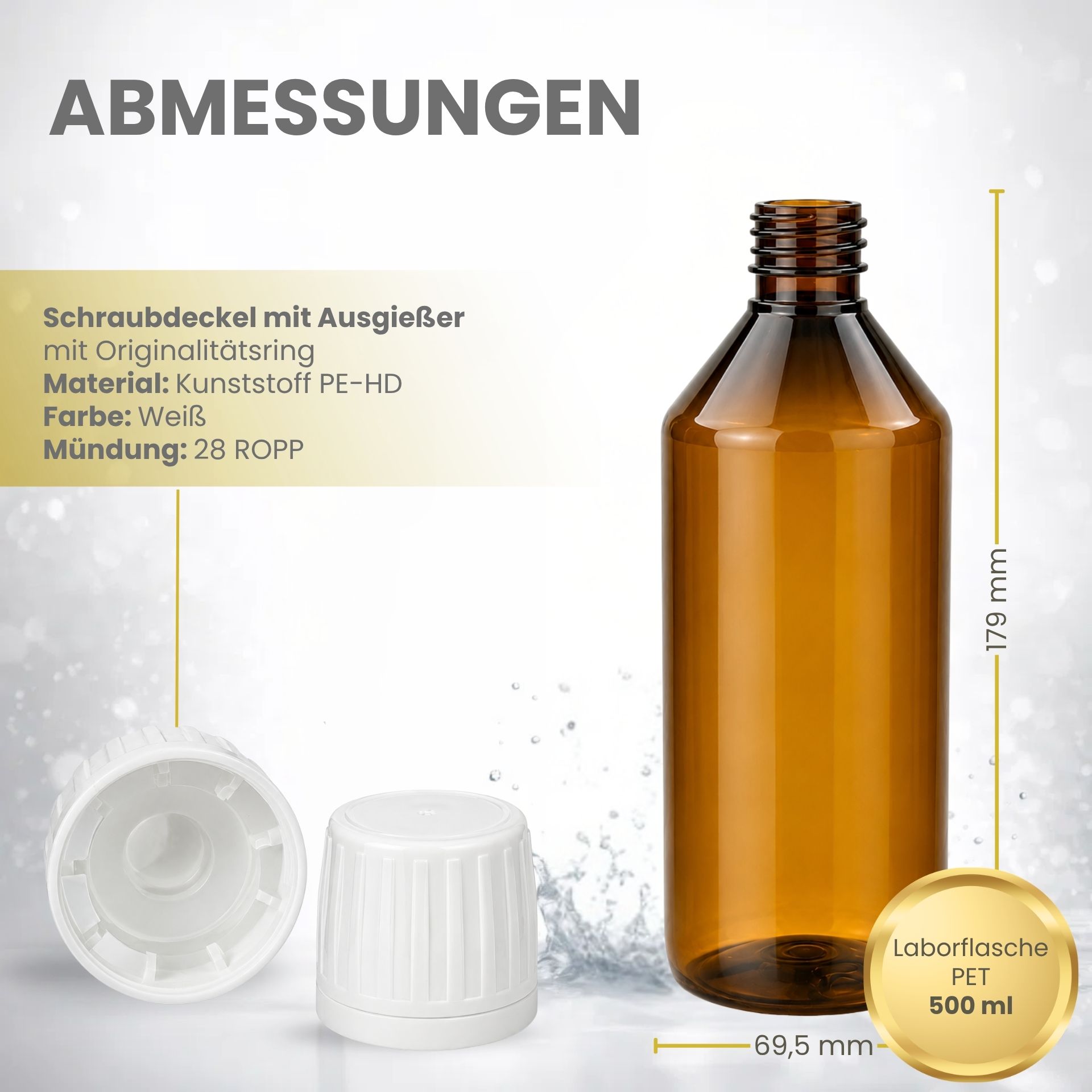 PET Flasche  500 ml braun Laborflasche mit Ausgießer weiß