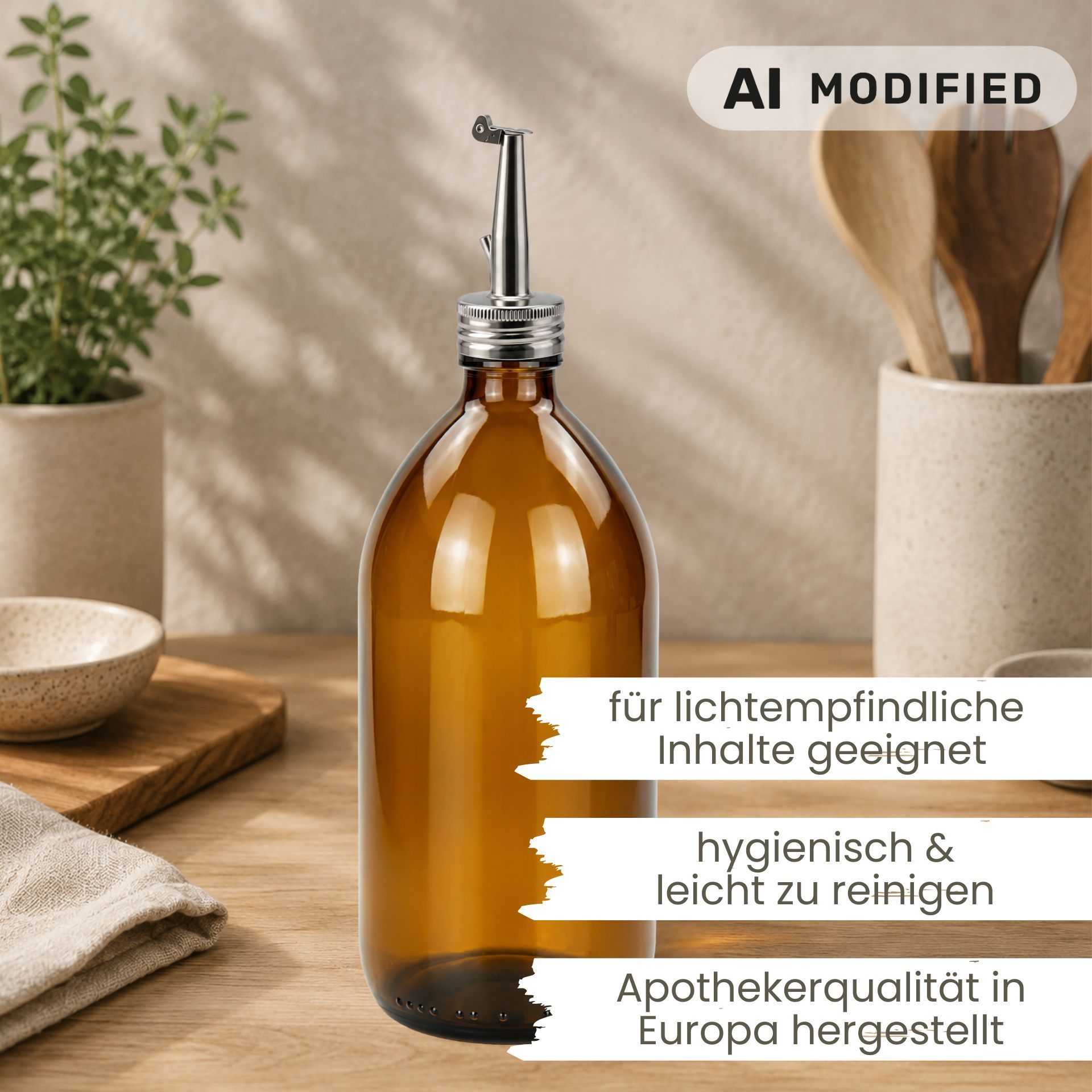 Apothekerflasche 1000 ml Glas Edelstahl-Ausgießer