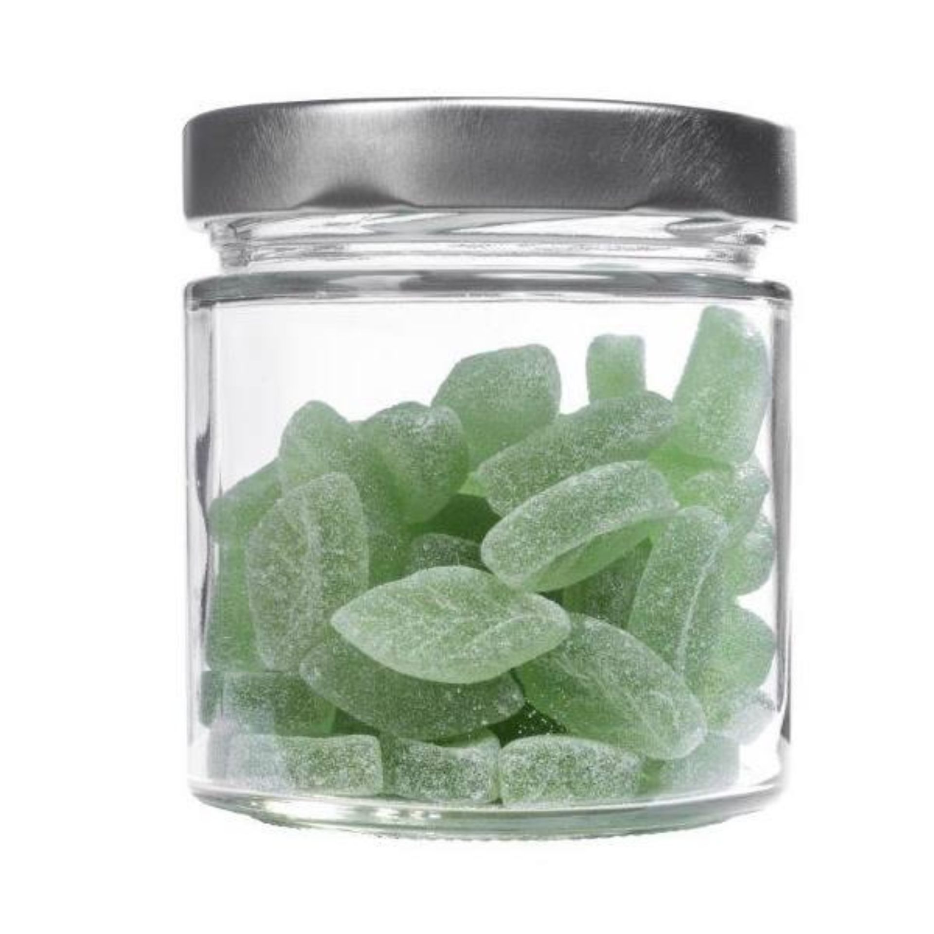 410-ml-Glasdose mit silbernem Schraubdeckel, stehend auf weißem Hintergrund; die runde, transparente Vorratsdose hat glatte Seiten und einen dicht schließenden Blueseal-Deckel.
