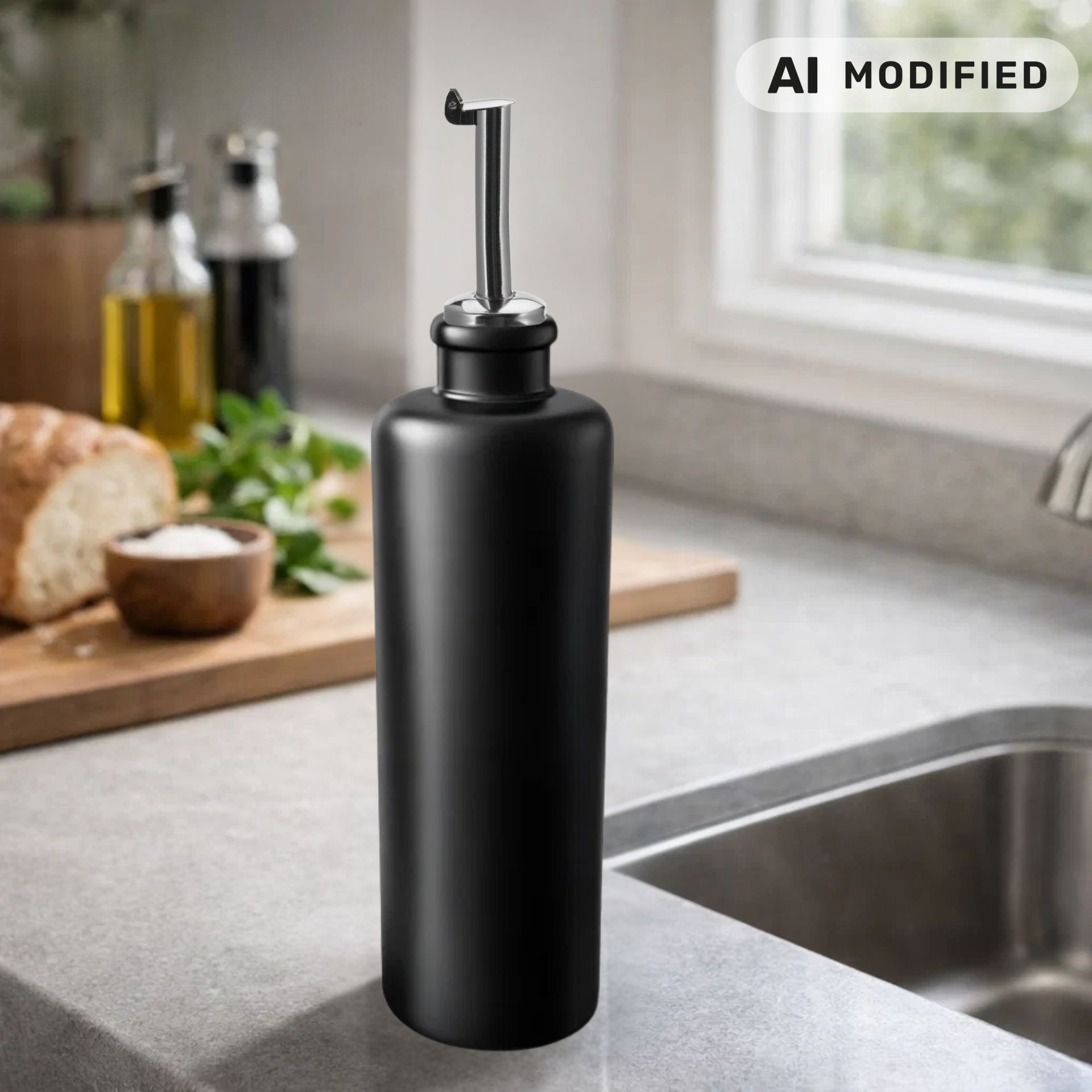 Ölflasche 500 ml Steingut schwarz mit Ausgießer aus Edelstahl / Silikon
