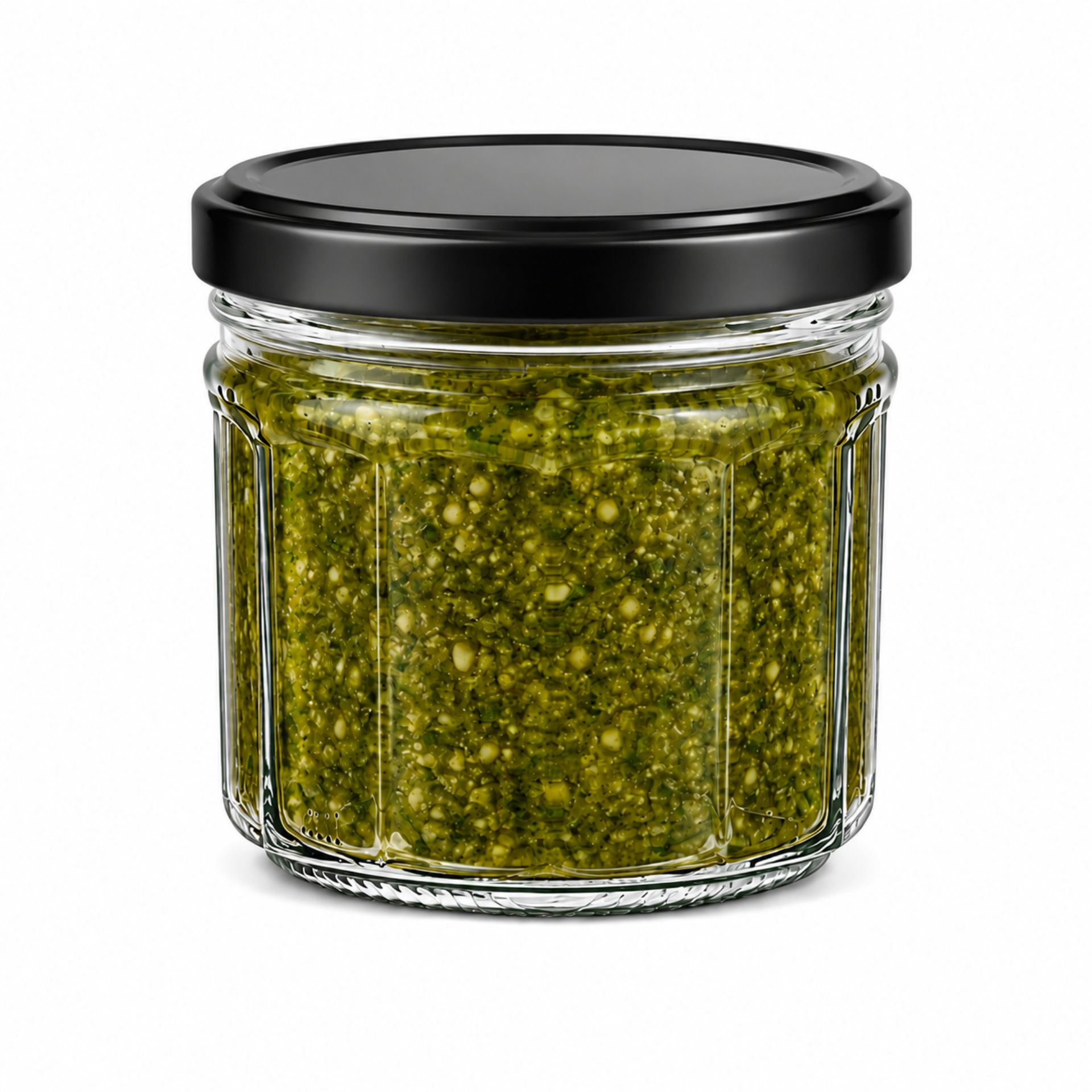 Vier leere, transparente Einmachgläser mit 240 ml Volumen aus Klarglas stehen nebeneinander auf weißem Hintergrund; jedes Glas hat eine geriffelte Facettenstruktur und einen goldfarbenen Schraubdeckel.