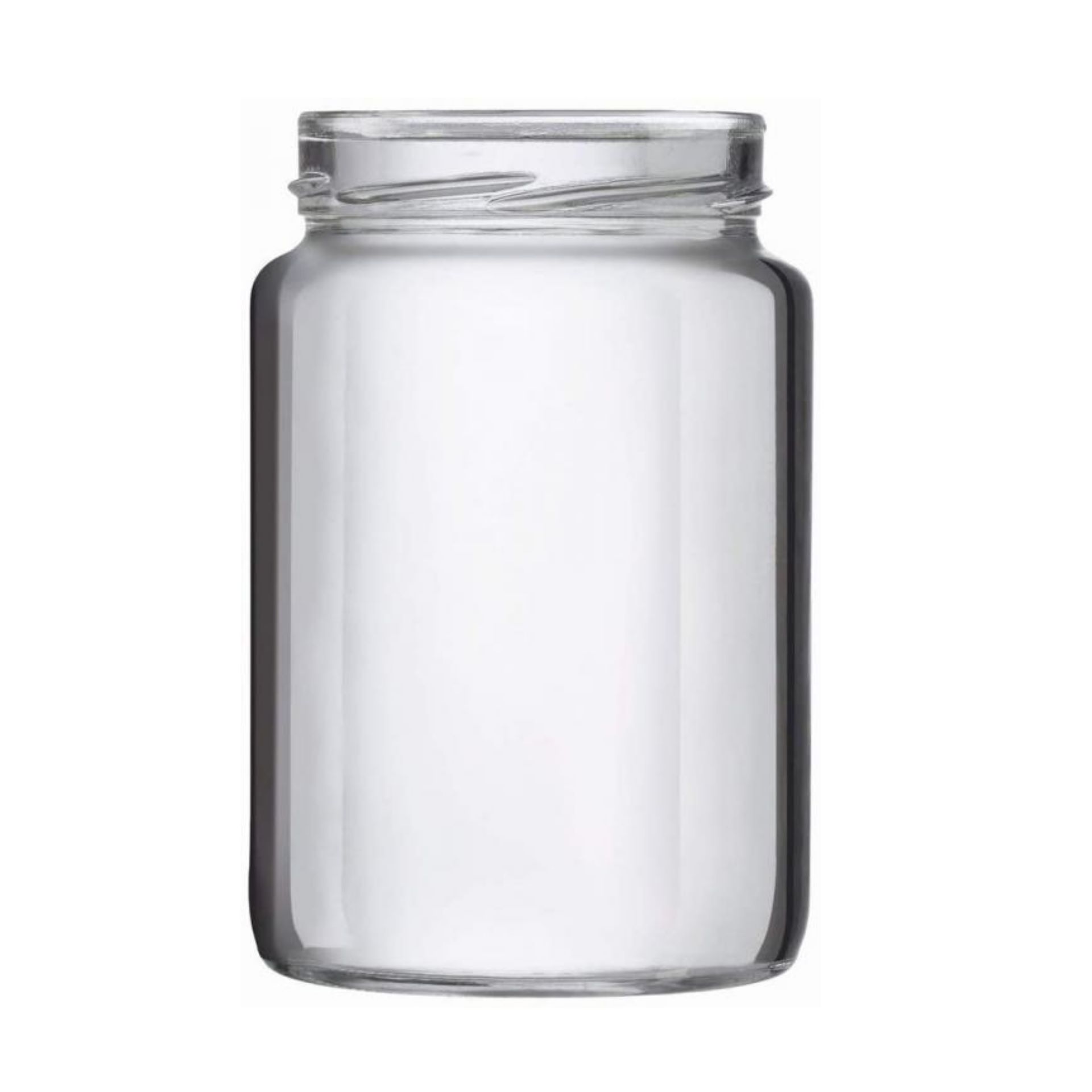 Ein leeres, transparentes Einmachglas mit einem Fassungsvermögen von 785 ml; das Glas steht aufrecht und ist mit einem metallischen Schraubdeckel in Blau versiegelt.