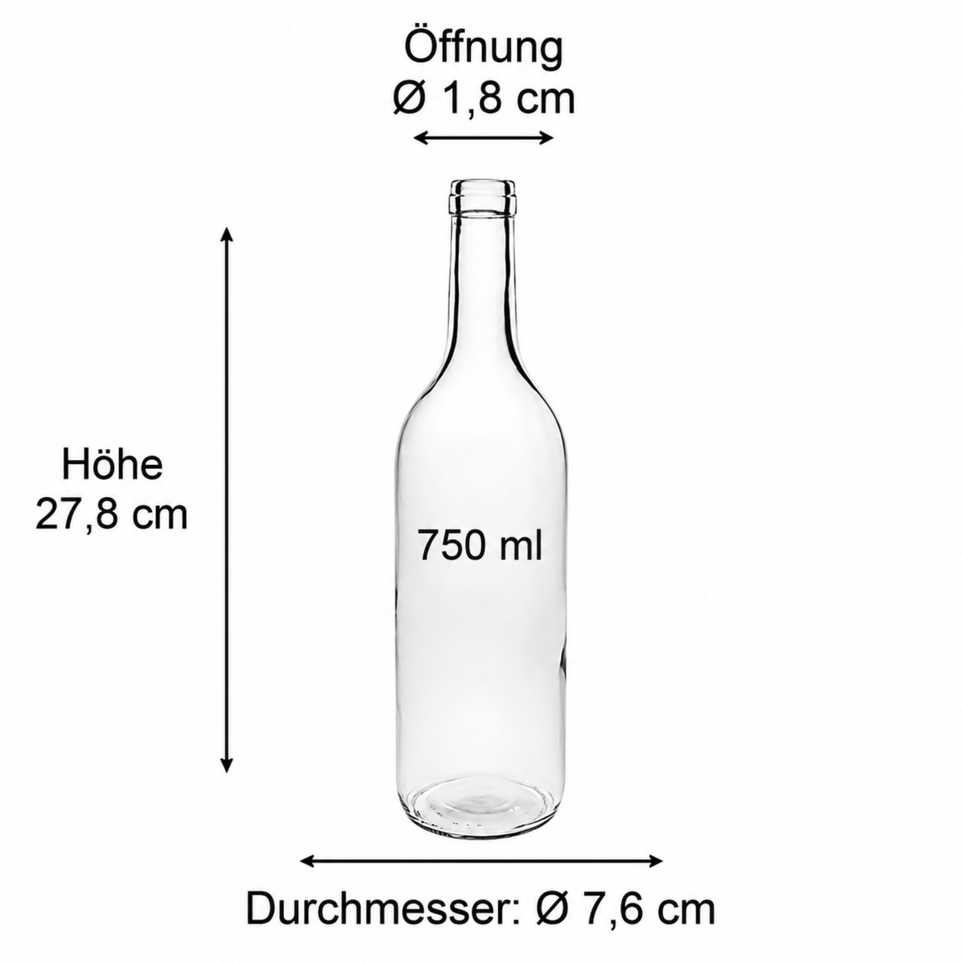 Klare 750-ml-Weinflasche aus Glas mit langem Hals und Naturkorken, stehend vor weißem Hintergrund.