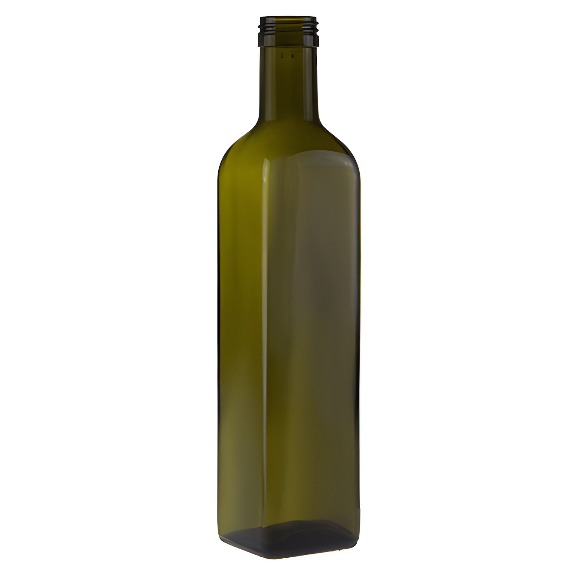 Grüne, eckige Glasflasche mit 500 ml Fassungsvermögen, stehend auf weißem Hintergrund, mit kurzem Hals und Schraubgewinde.