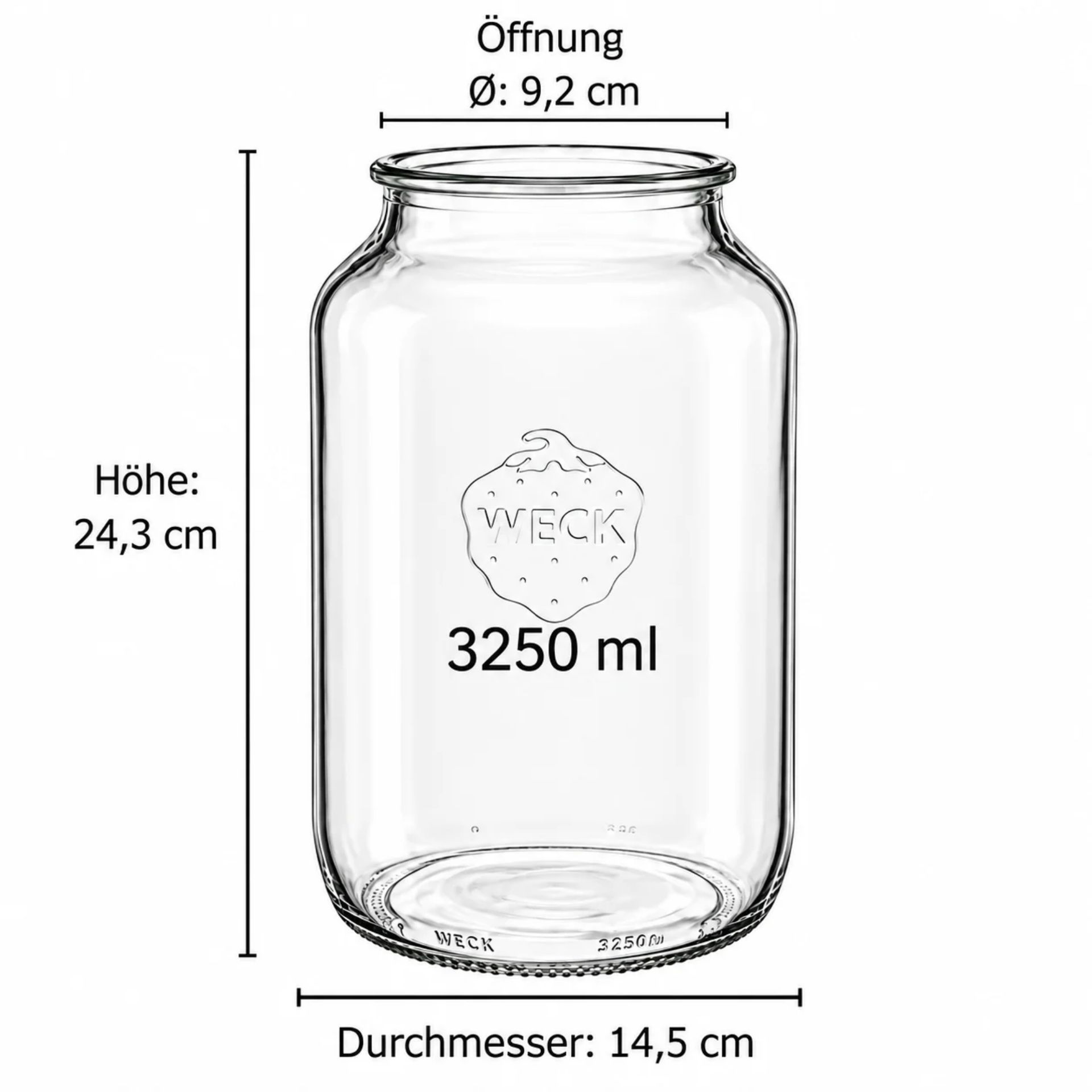 Leere Klarglasflasche mit Schraubgewinde, zylindrischer Form und Maßangaben in Millimetern; die Höhe beträgt 178,8 mm, der Durchmesser 66 mm, Fassungsvermögen 500 ml.