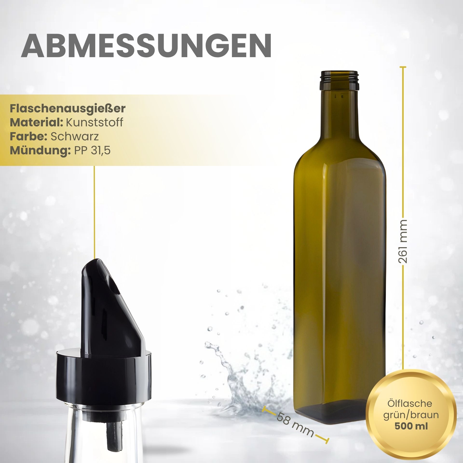 Glasflasche 500 ml eckig Antik mit Ausgießer Kunststoff