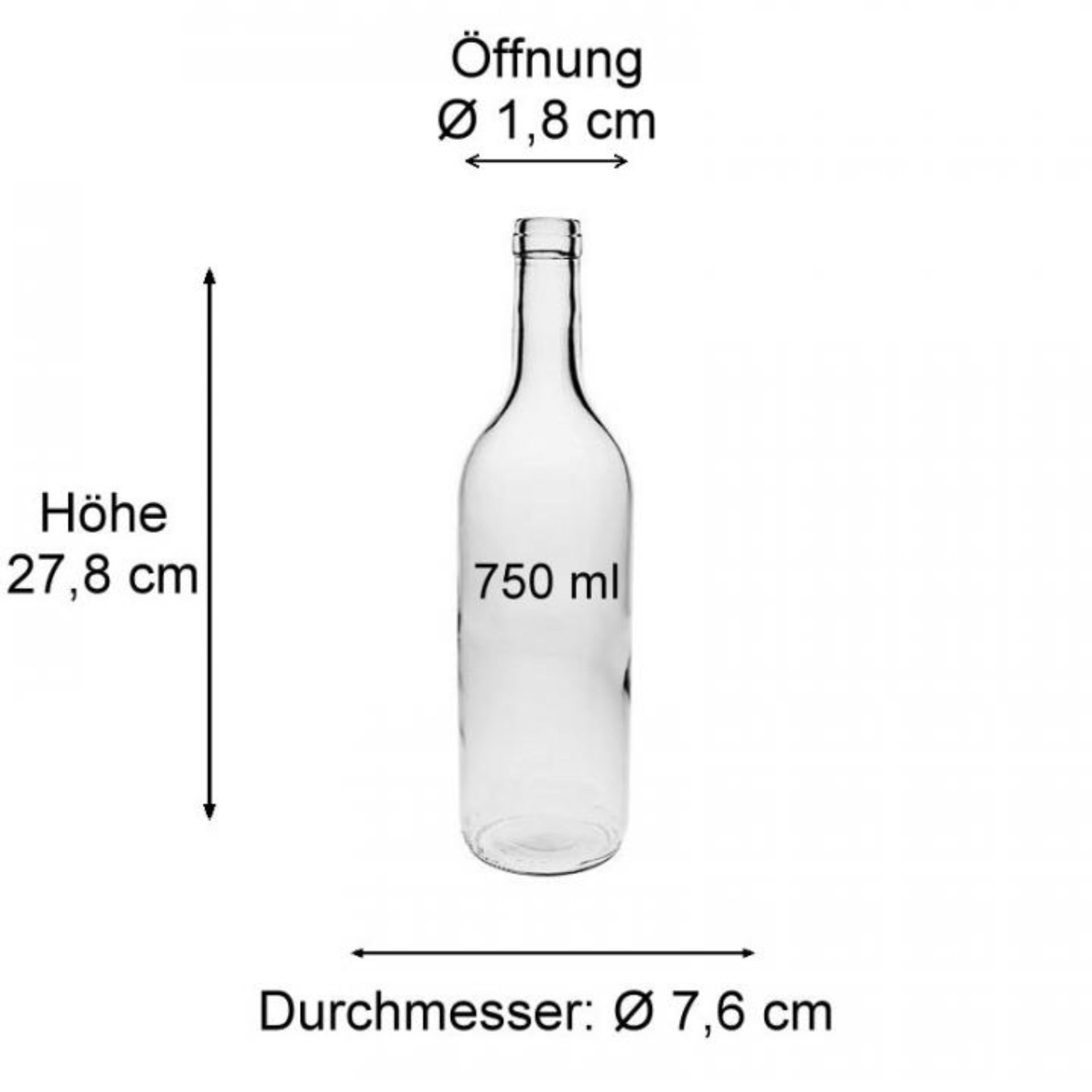 Klare 750-ml-Weinflasche aus Glas mit langem Hals und Naturkorken, stehend vor weißem Hintergrund.