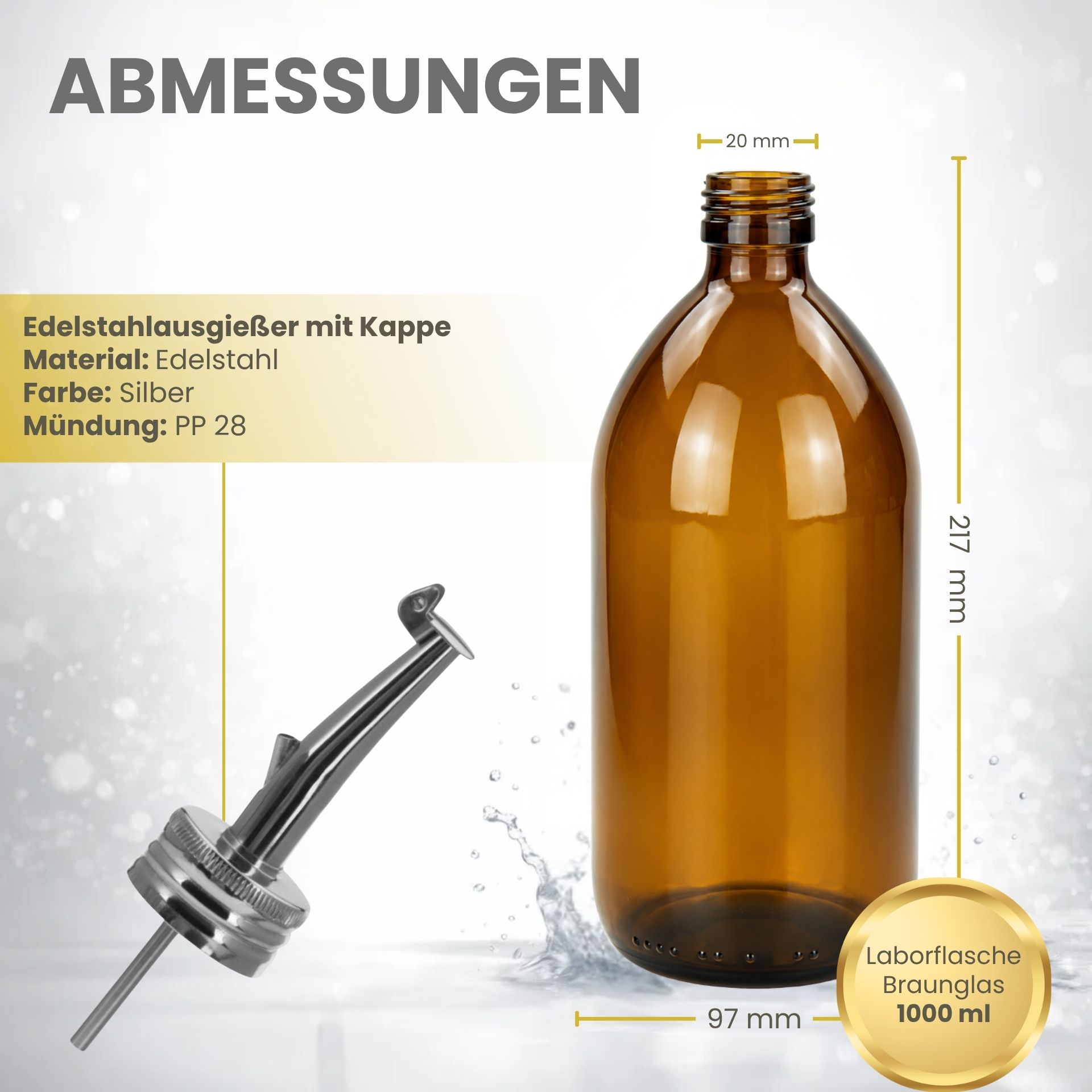 Apothekerflasche 1000 ml Glas Edelstahl-Ausgießer