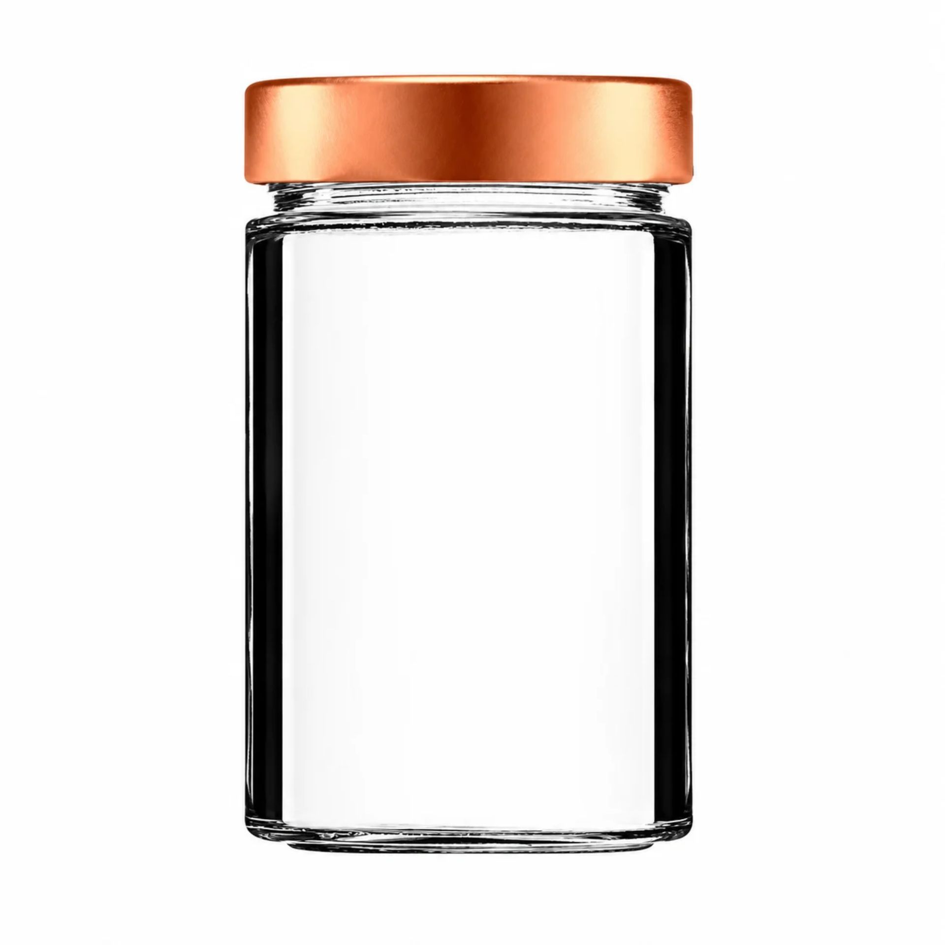 Transparentes, zylindrisches Einmachglas mit goldfarbenem Schraubdeckel, auf weißem Hintergrund stehend.