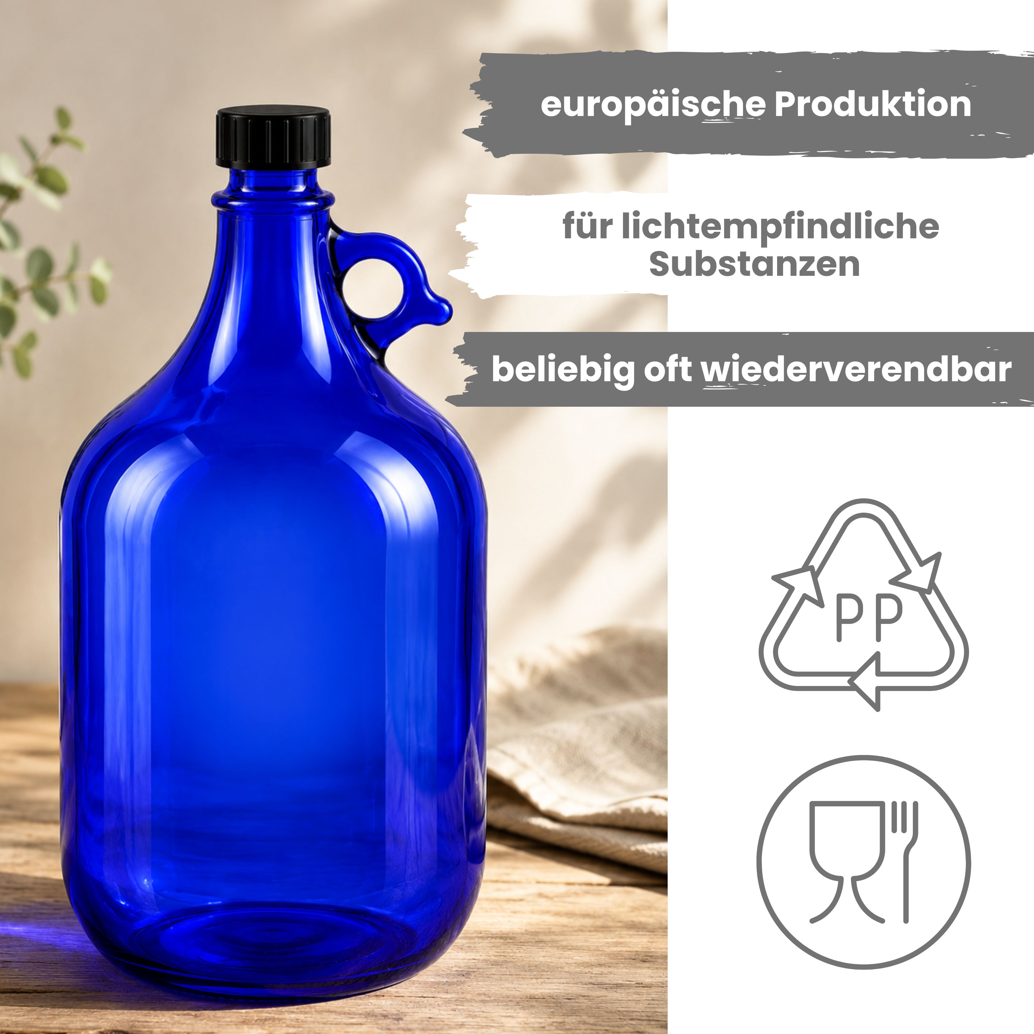 Glasflasche Gallone 5000 ml Henkelflasche blau
