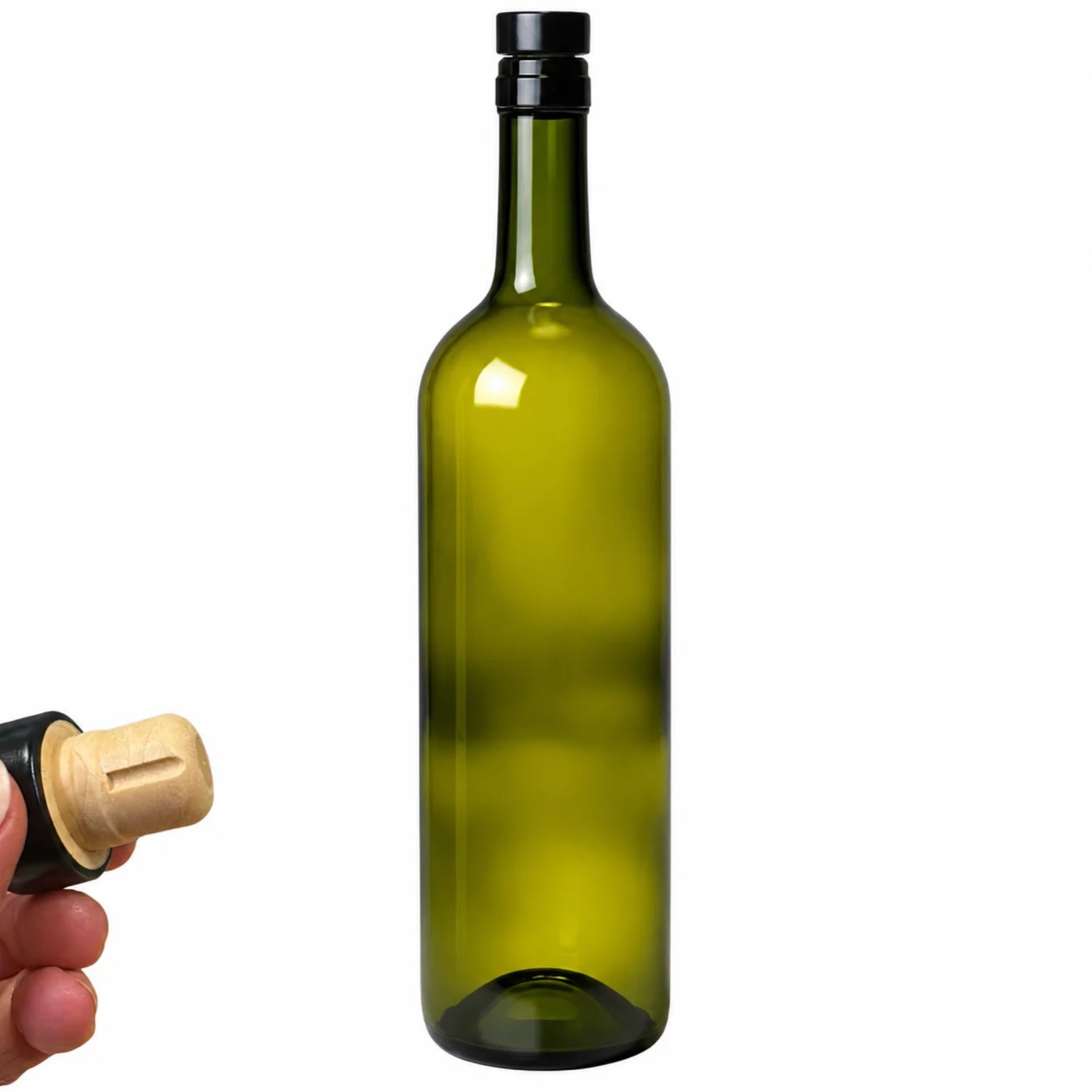 Glasflasche 750 ml grün mit PE Griffkorken schwarz