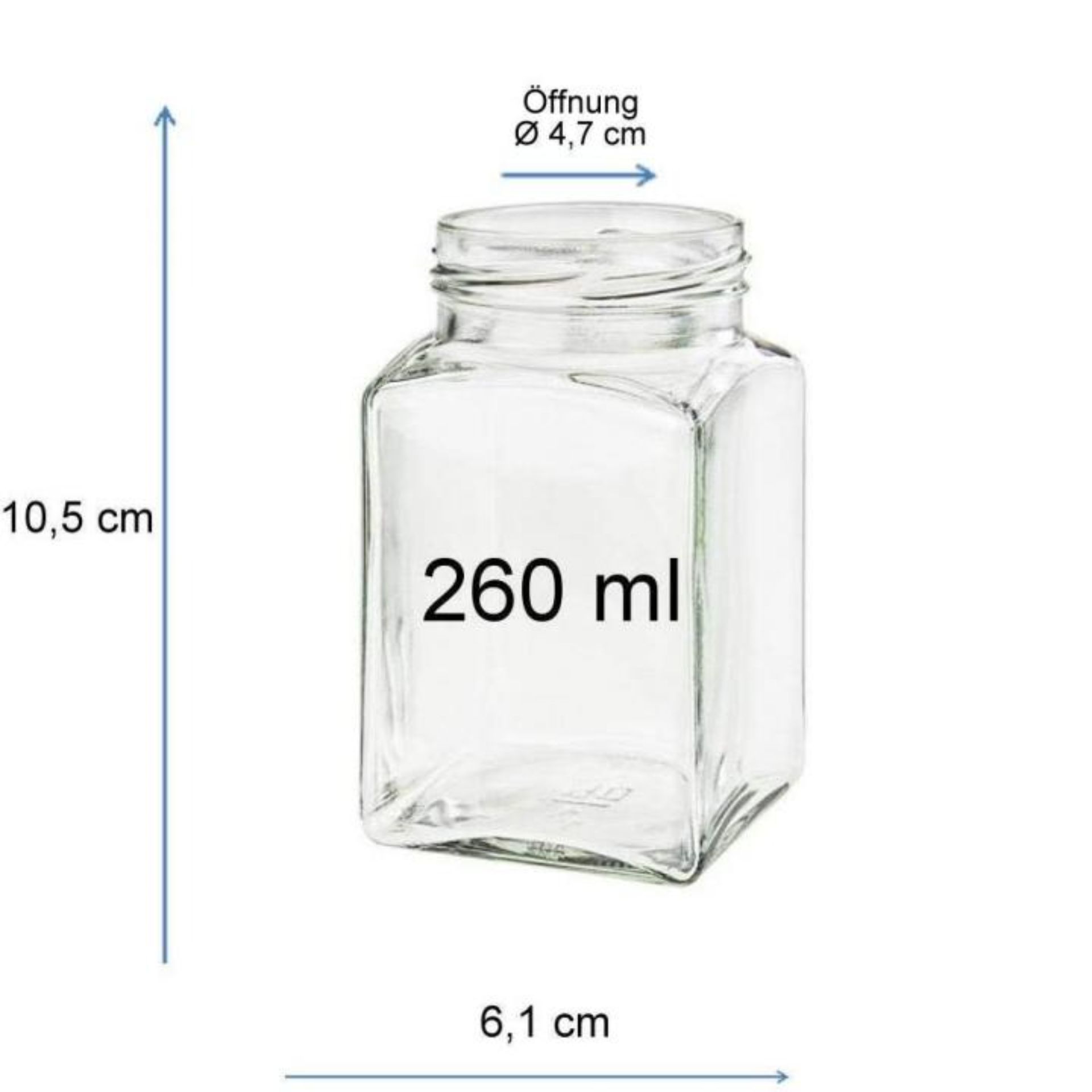 Einmachglas 260 ml Quadratglas mit Schraubdeckel in verschiedenen Farben – ideal zum Einkochen und Aufbewahren Ein quadratisches Einmachglas mit einem Fassungsvermögen von 260 ml, versehen mit einem farbigen Deckel. Ideal für die Lagerung von Marmeladen, Gewürzen oder anderen Lebensmitteln.
