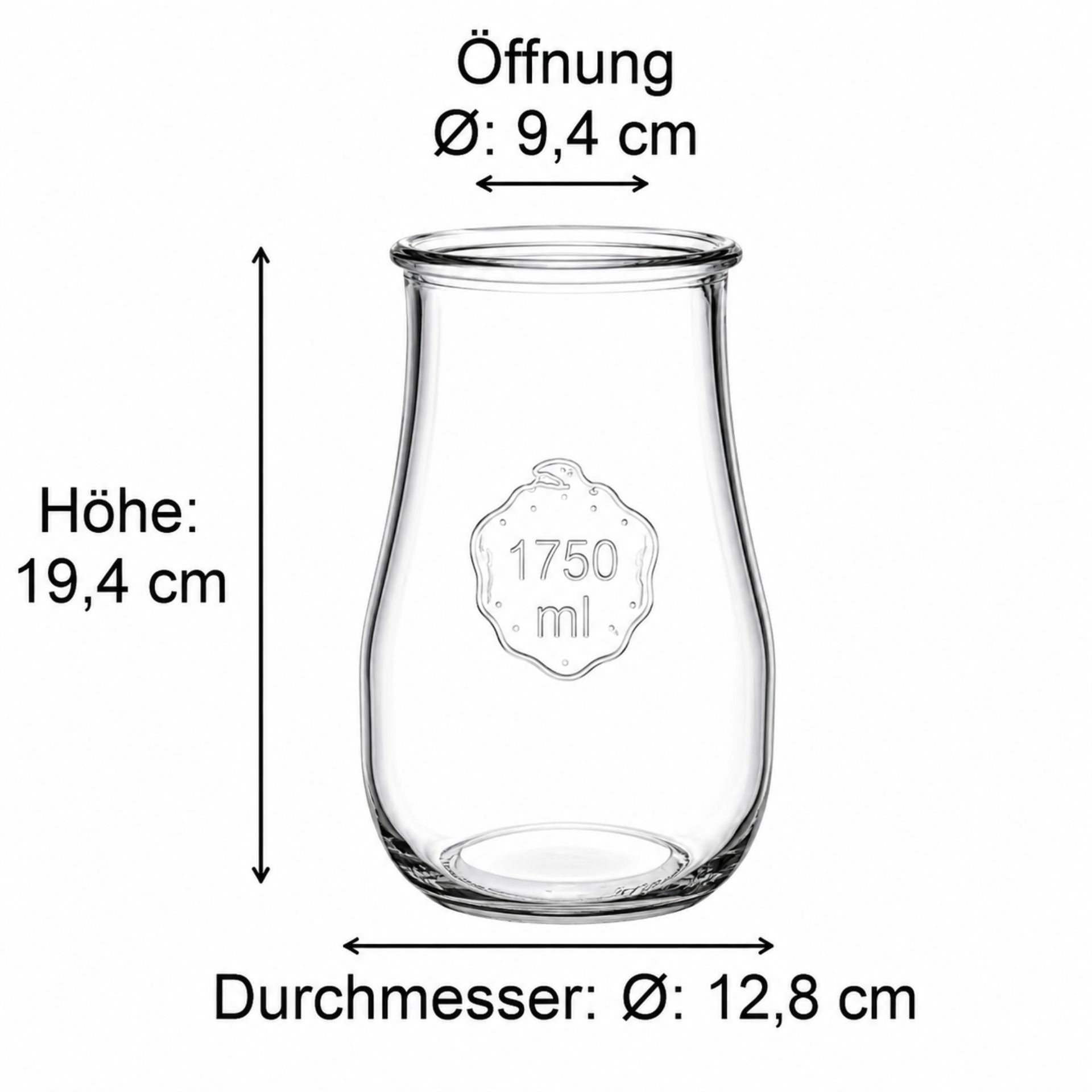 WECK 1700 ml Einmachglas mit Glasdeckel, Gummiring und Metallklammern für Einmachen und Konservieren von Lebensmitteln, hochauflösendes Bild mit Fokus auf Glasstruktur und Details.