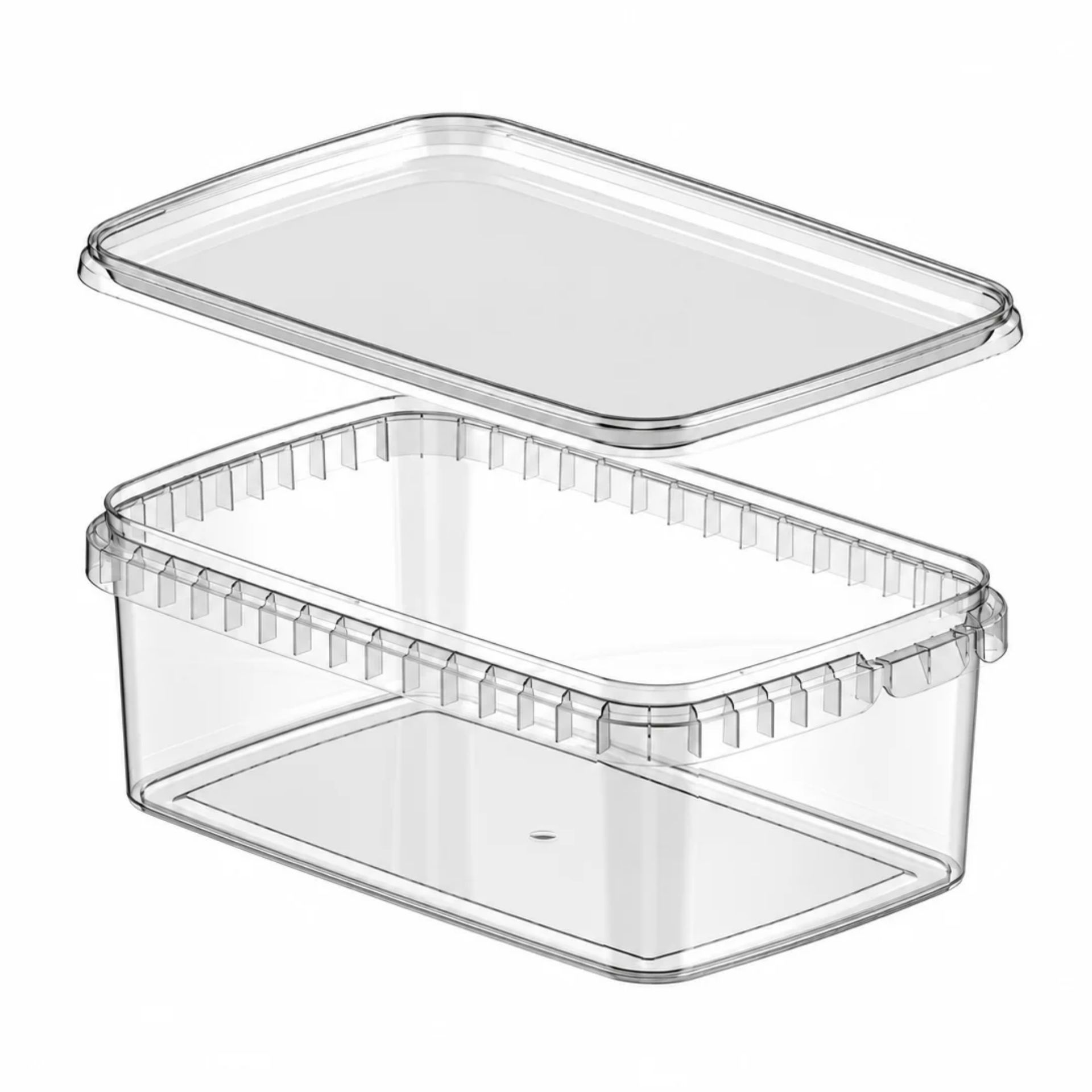 Transparenter, rechteckiger Kunststoff-Feinkostbecher mit passendem Deckel, Fassungsvermögen 1200 ml, leer und vor weißem Hintergrund stehend.
