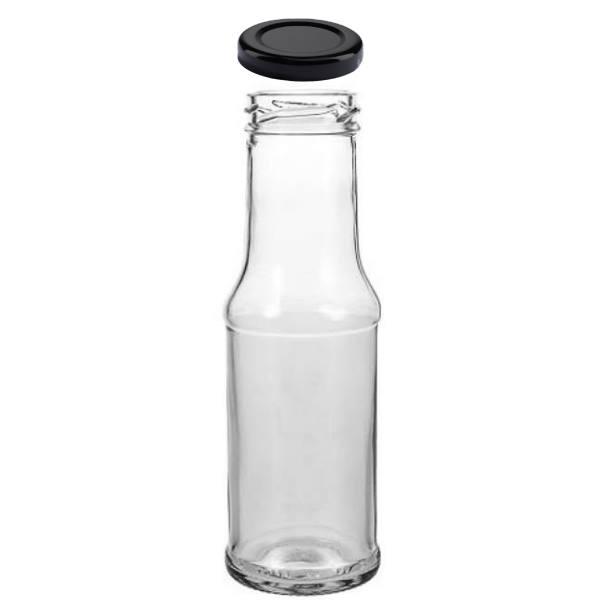 Klare Glasflasche mit 200 ml Fassungsvermögen, gefüllt mit orangem Saft, verschlossen mit einem schwarzen Schraubdeckel, vor neutralem Hintergrund.