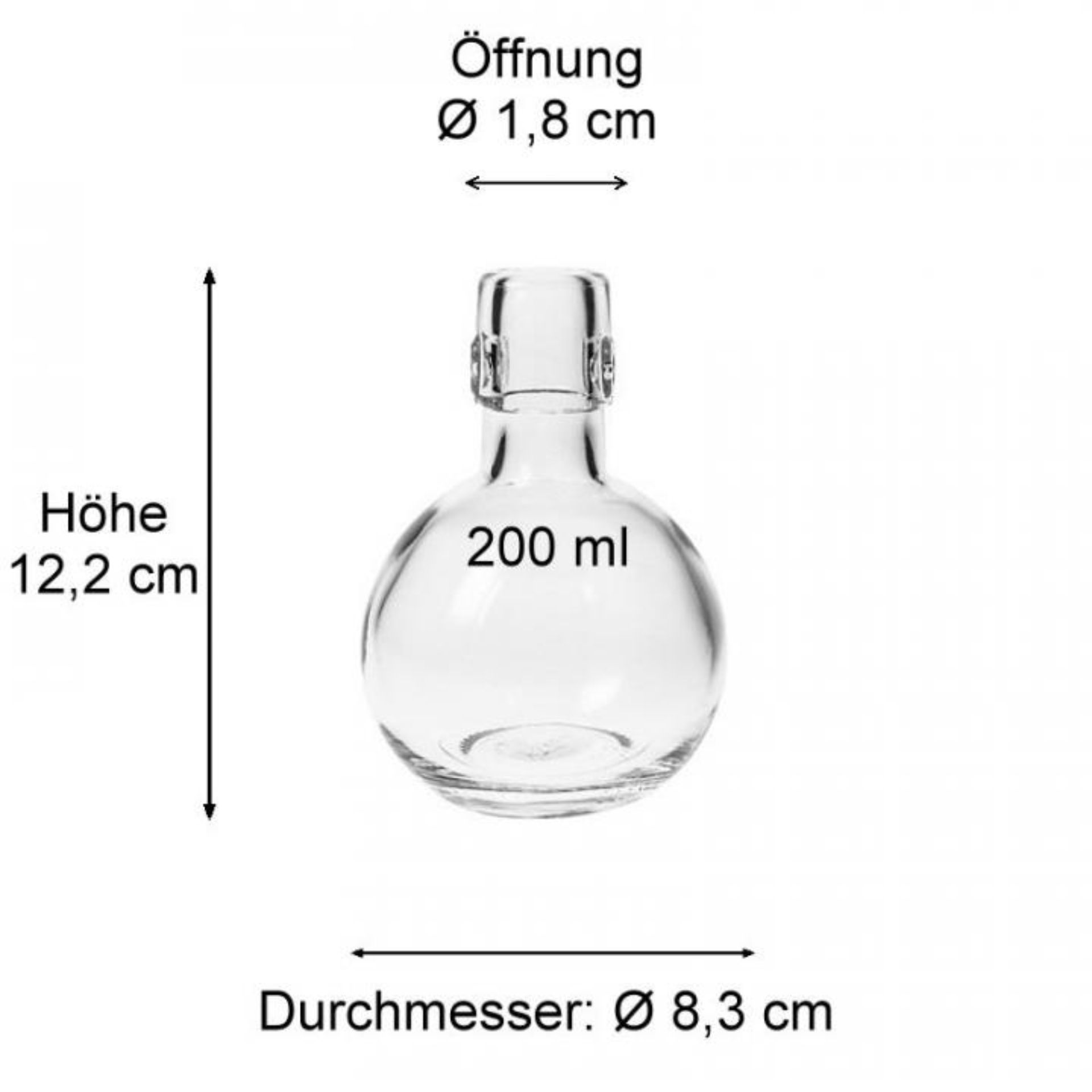 Glasflasche 200 ml in Kugelform mit Bügelverschluss auf weißem Hintergrund, abgebildet im Online-Shop Flaschen Gläser und Dosen.