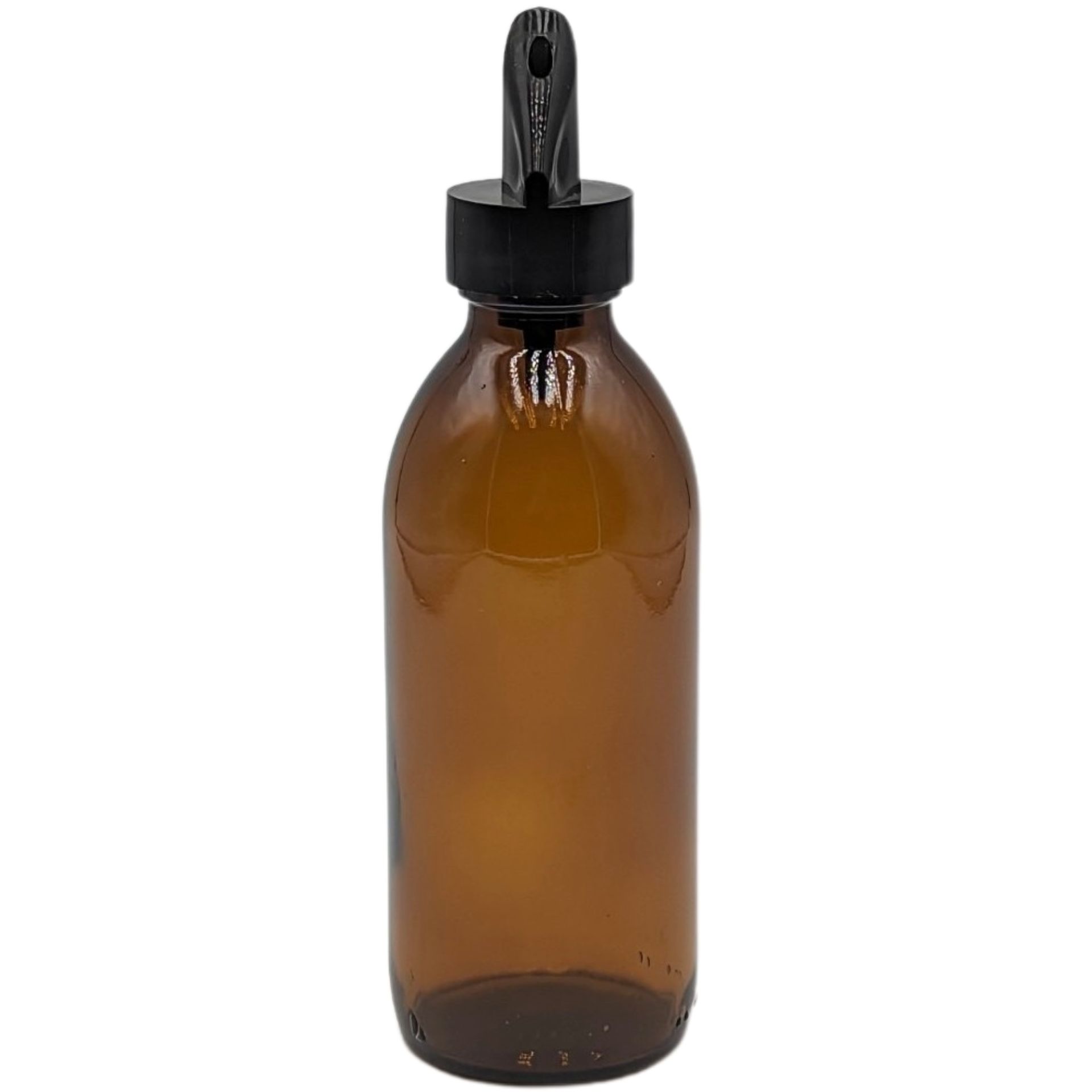 200-ml-Glasflasche mit Schraubverschluss, zylindrische Form, transparente Glasoberfläche, auf weißem Hintergrund.