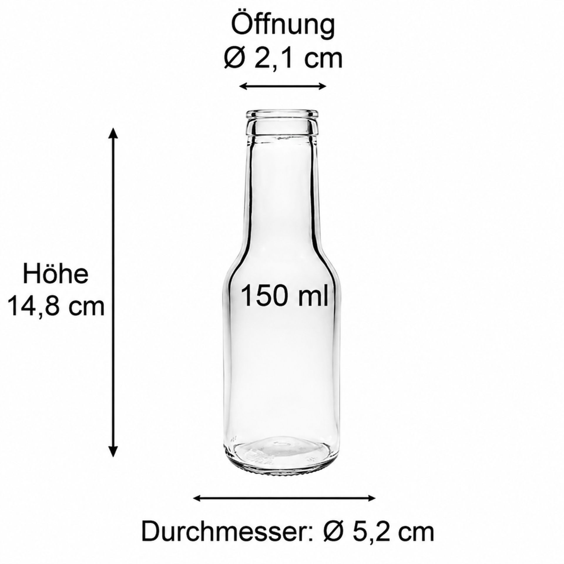 Bild einer runden Glasflasche mit einem Fassungsvermögen von 150 ml. Die Flasche ist mit einem Korken verschlossen und auf einem neutralen Hintergrund abgebildet. Ideal für Spirituosen, Öle oder Essenzen.