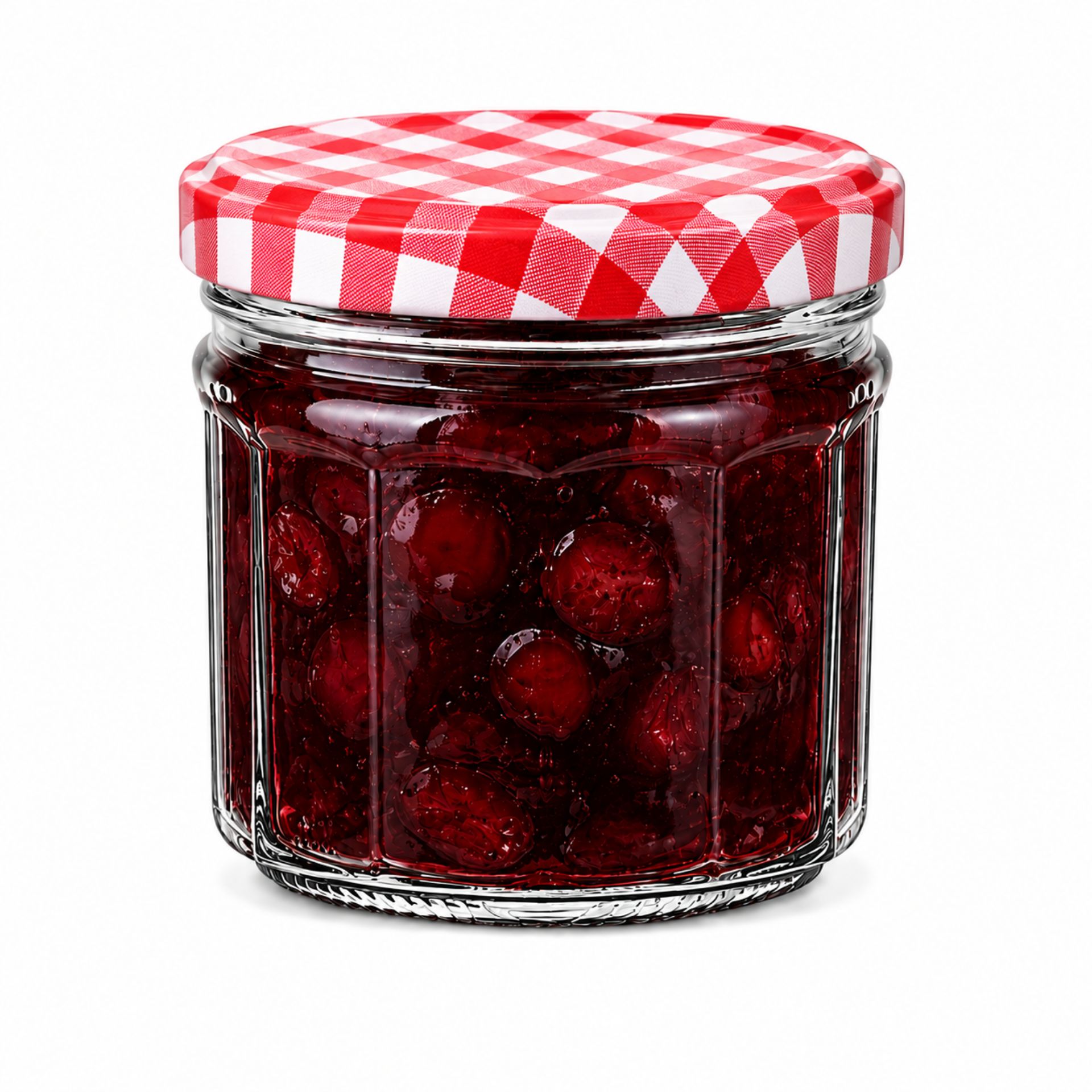 Vier durchsichtige Gläser mit einem Fassungsvermögen von 240 ml aus der Serie „Facette“ stehen nebeneinander auf einem weißen Hintergrund; sie haben eine facettierte Oberfläche und einen leicht konischen Verlauf nach oben.