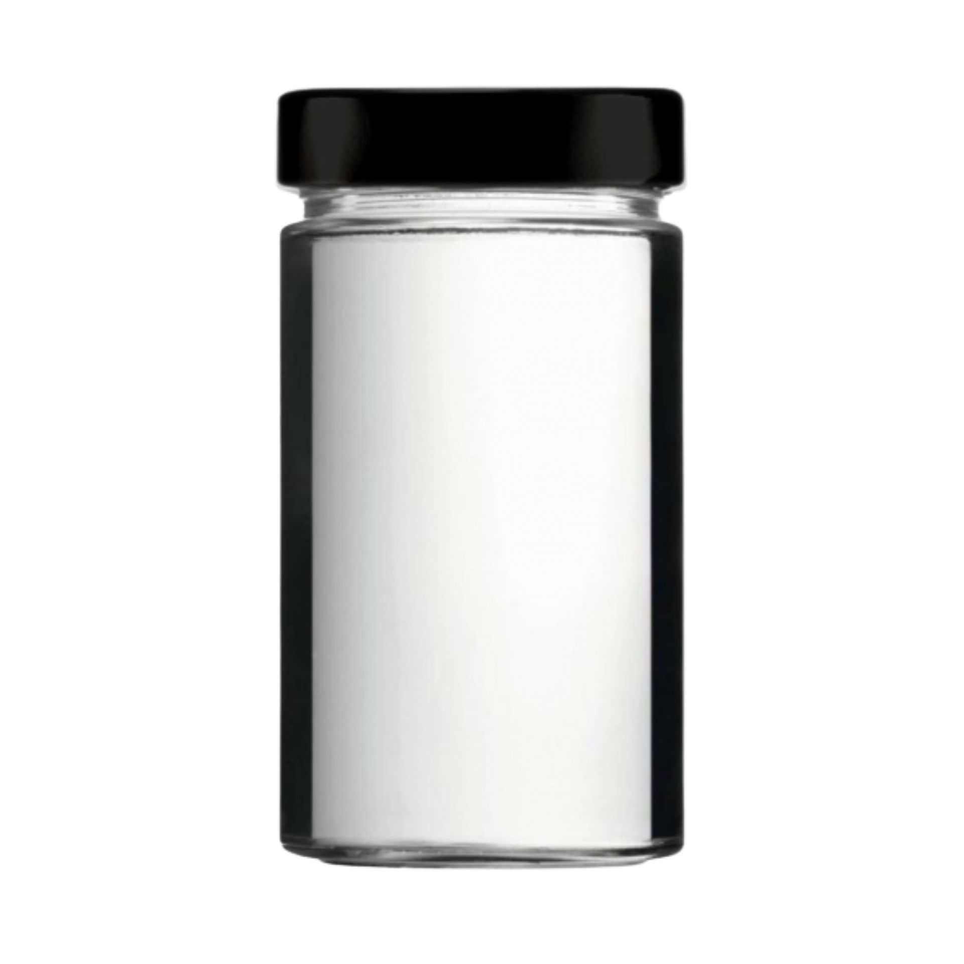 Ein leeres, zylinderförmiges Einmachglas aus klarem Glas mit schwarzem Schraubdeckel, Fassungsvermögen 720 ml, stehend vor weißem Hintergrund.