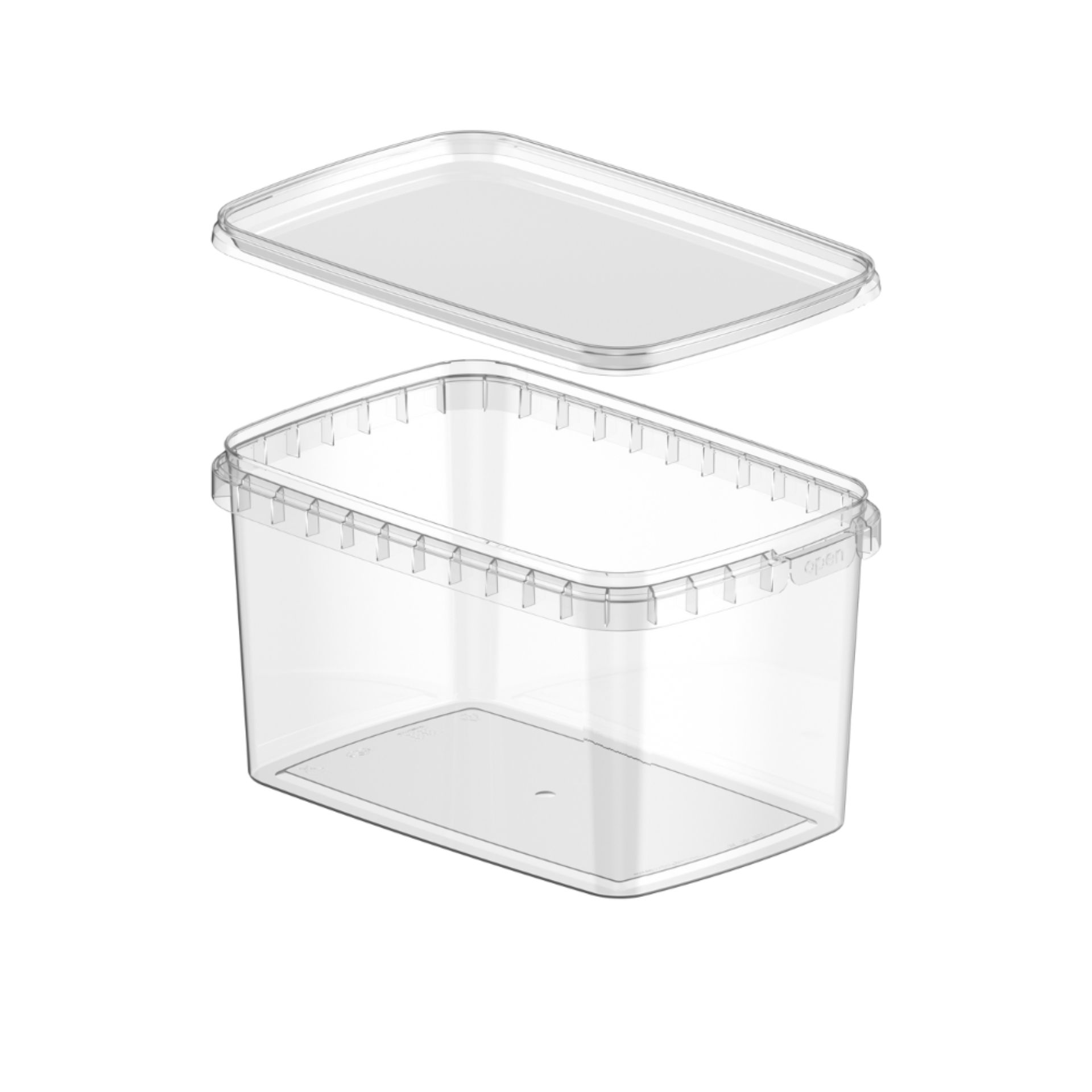 Rechteckiger, transparenter Feinkostbecher aus Kunststoff mit passendem Deckel, Fassungsvermögen 1800 ml, leer und auf hellem Hintergrund fotografiert.