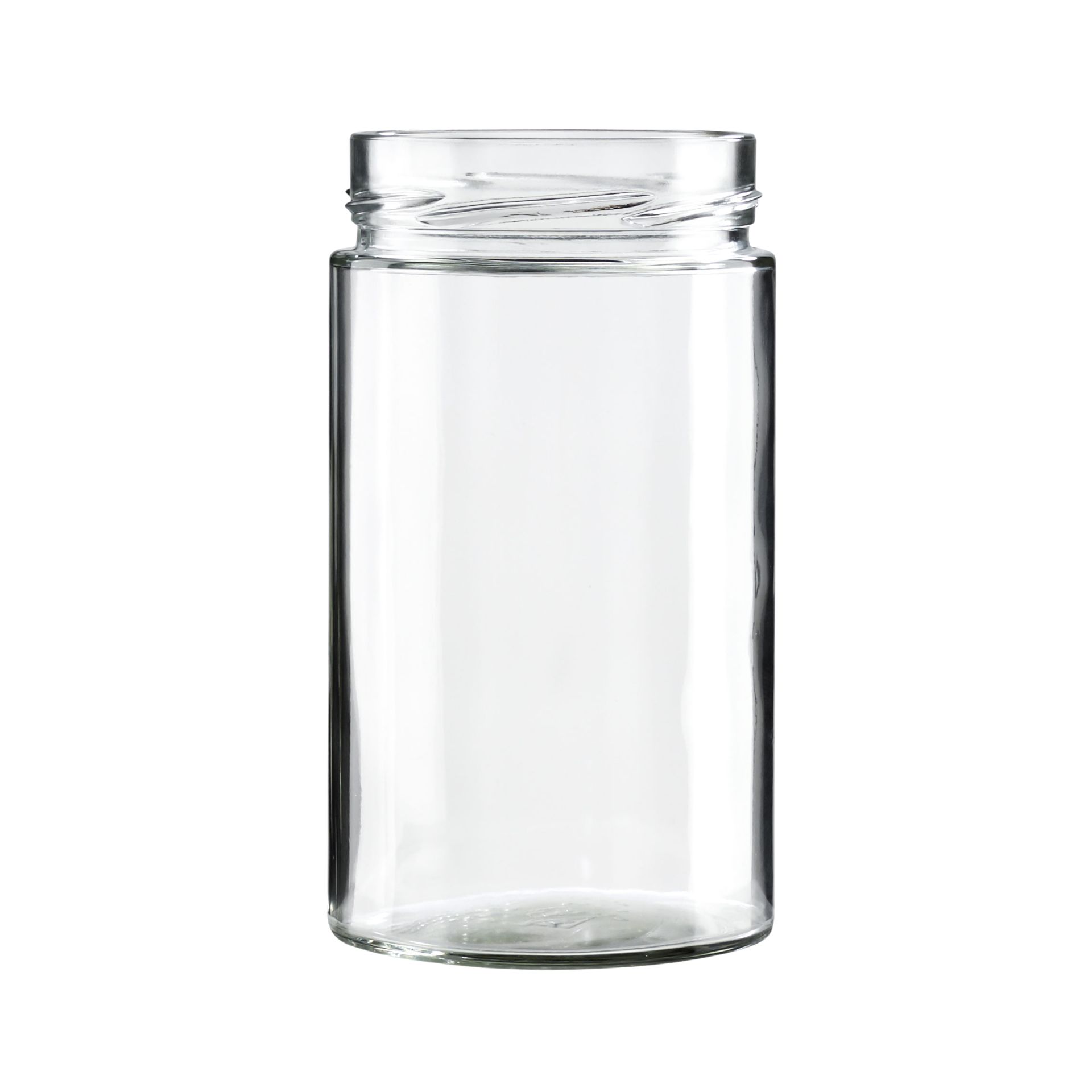 Klares, leeres Einmachglas aus Glas mit 720 ml Fassungsvermögen, zylindrische Form, breite Öffnung ohne Deckel, stehend auf weißem Hintergrund.