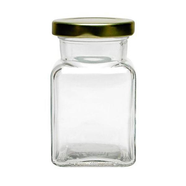 Quadratisches 150 ml Einmachglas mit farbigem Schraubdeckel – ideal zum Einkochen, Basteln und Verpacken Quadratisches Einmachglas 150 ml mit Deckel in verschiedenen Farben für Konservierung und Aufbewahrung von Lebensmitteln.