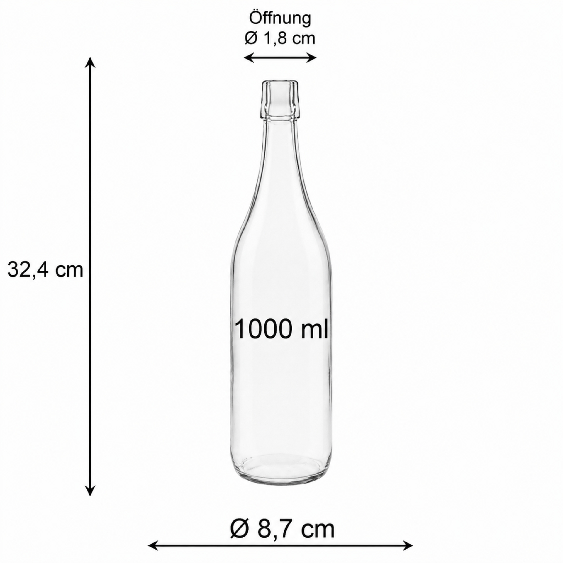 Bild einer 1000 ml Glasflasche mit Bügelverschluss, ideal für Getränkeaufbewahrung, hochwertiges Design, umweltfreundlich, wiederverwendbar, zum Kauf verfügbar bei Flaschen Gläser und Dosen.