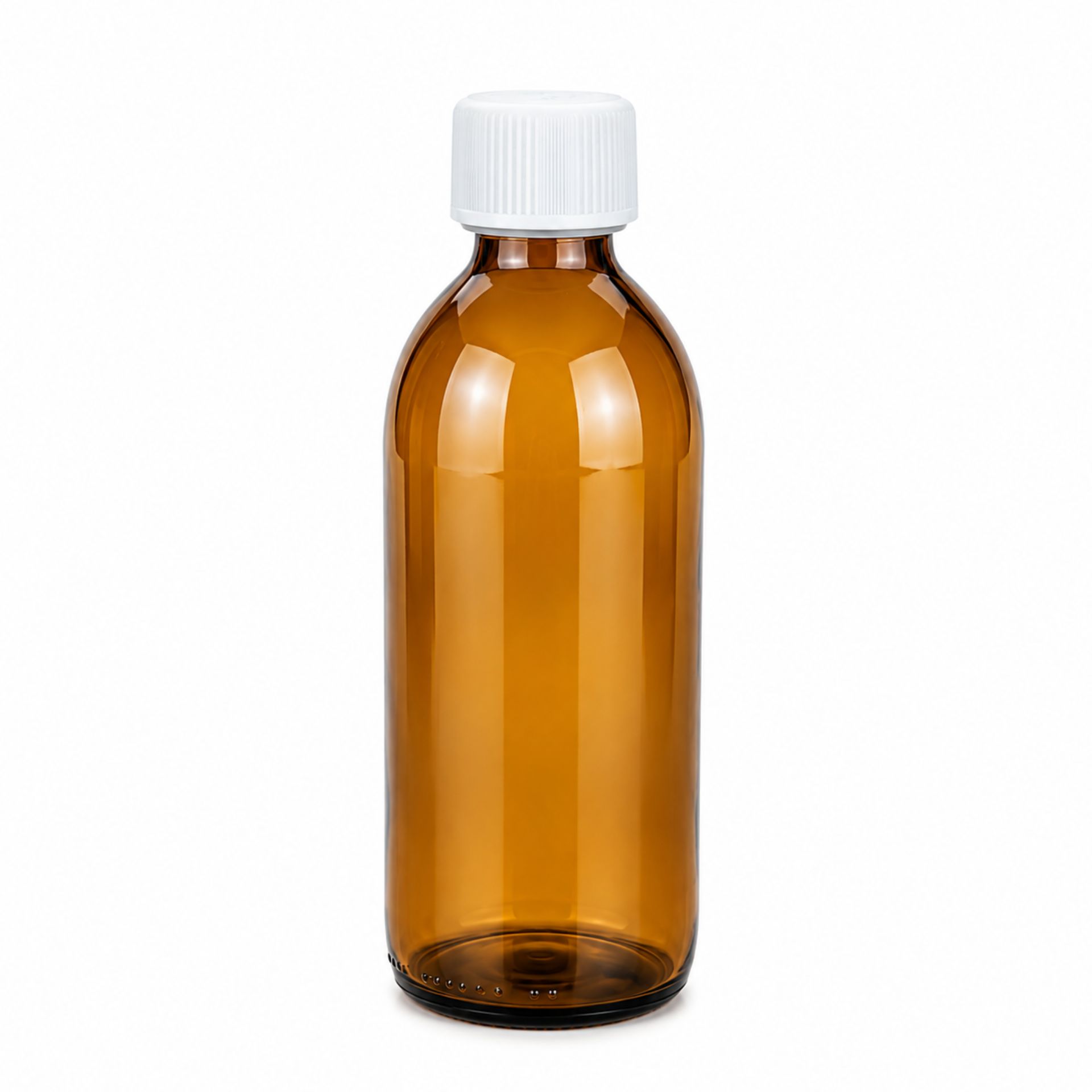 Braune Glas-Tropfflasche mit 200 ml Fassungsvermögen, stehend vor weißem Hintergrund.