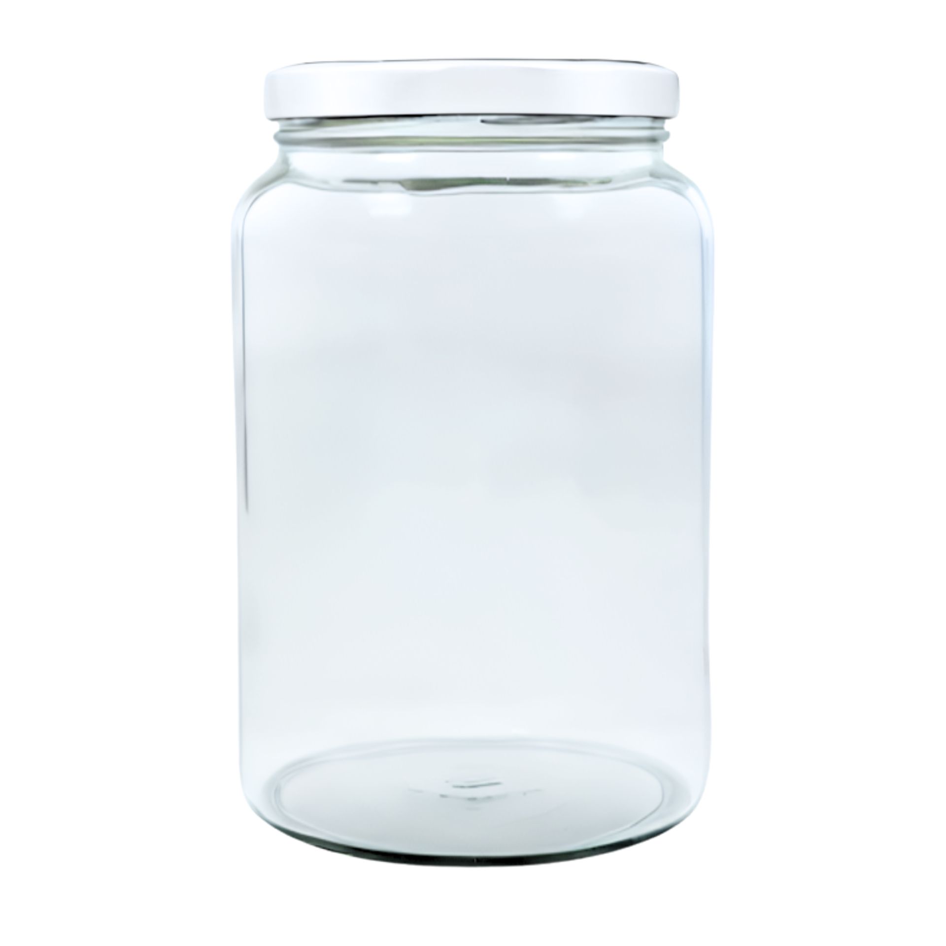 Großes, transparentes Einmachglas mit 1700 ml Fassungsvermögen, zylindrischer Form und weißem Twist-Off-Deckel, stehend vor neutralem Hintergrund.