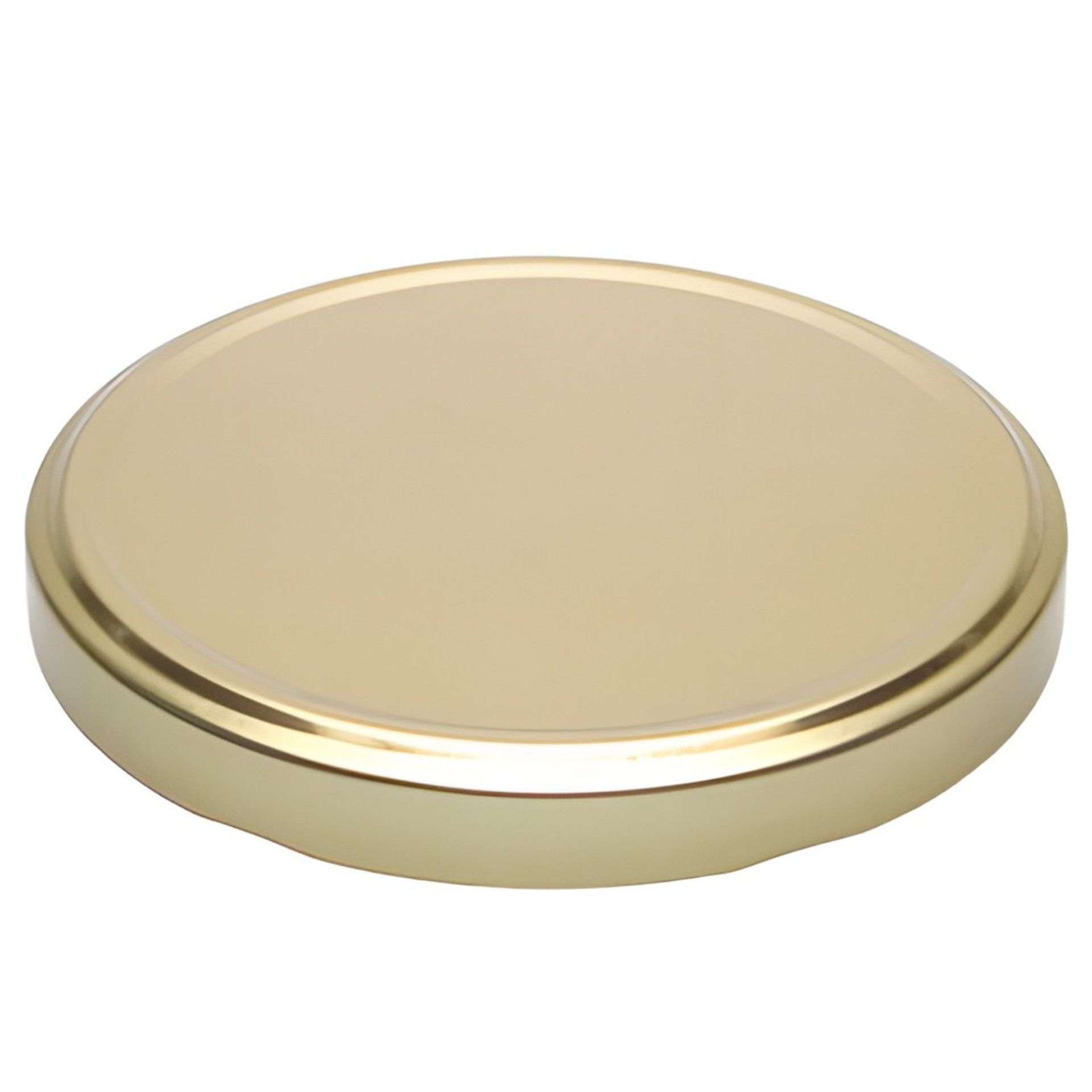 Goldfarbener, runder Twist-Off-Deckel mit einem Durchmesser von 10,3 cm, flachliegend vor weißem Hintergrund; geeignet zum Pasteurisieren.