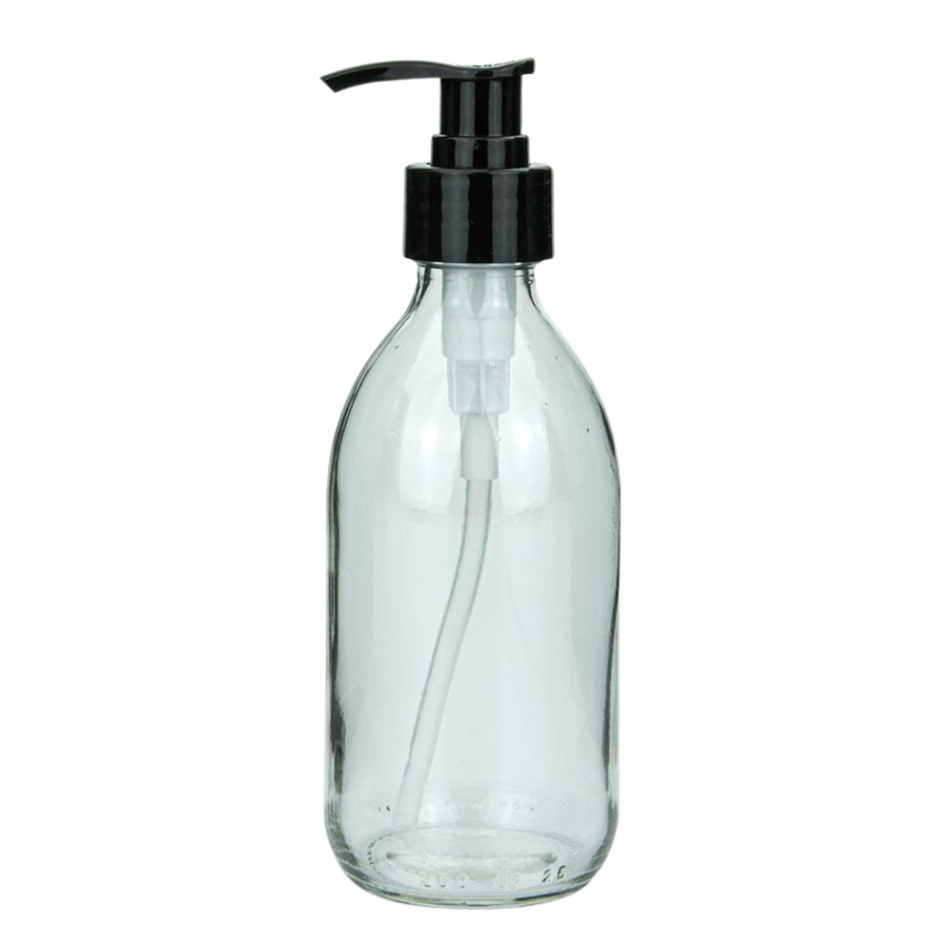 Transparenter 250-ml-Seifenspender aus Kunststoff mit schwarzem Pumpspender, vor weißem Hintergrund.
