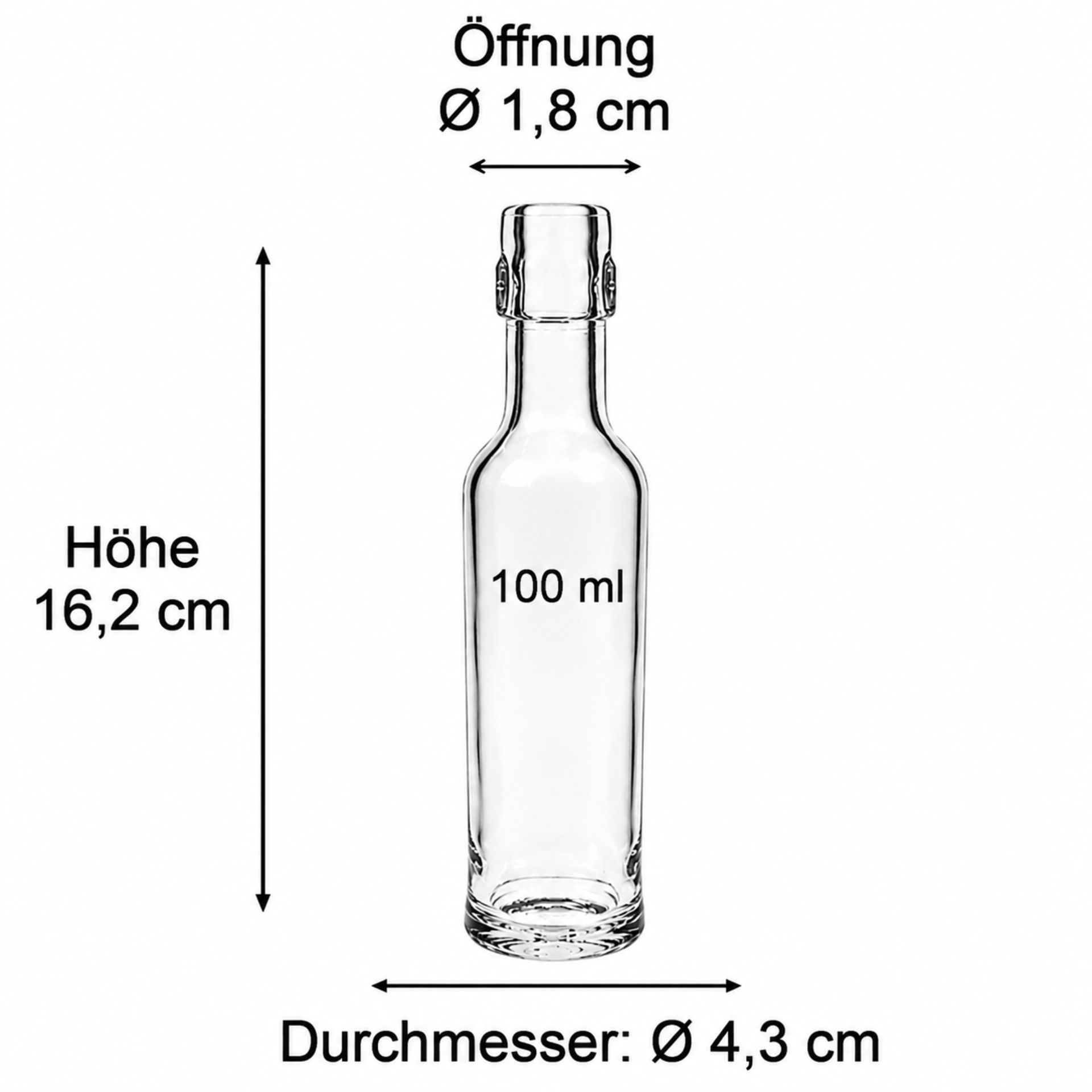 100 ml Glasflasche mit Bügelverschluss, ideal für Getränke und Flüssigkeiten, klares Glasdesign, wiederverwendbar, platzsparend, hochwertig verarbeitet - Produktabbildung.