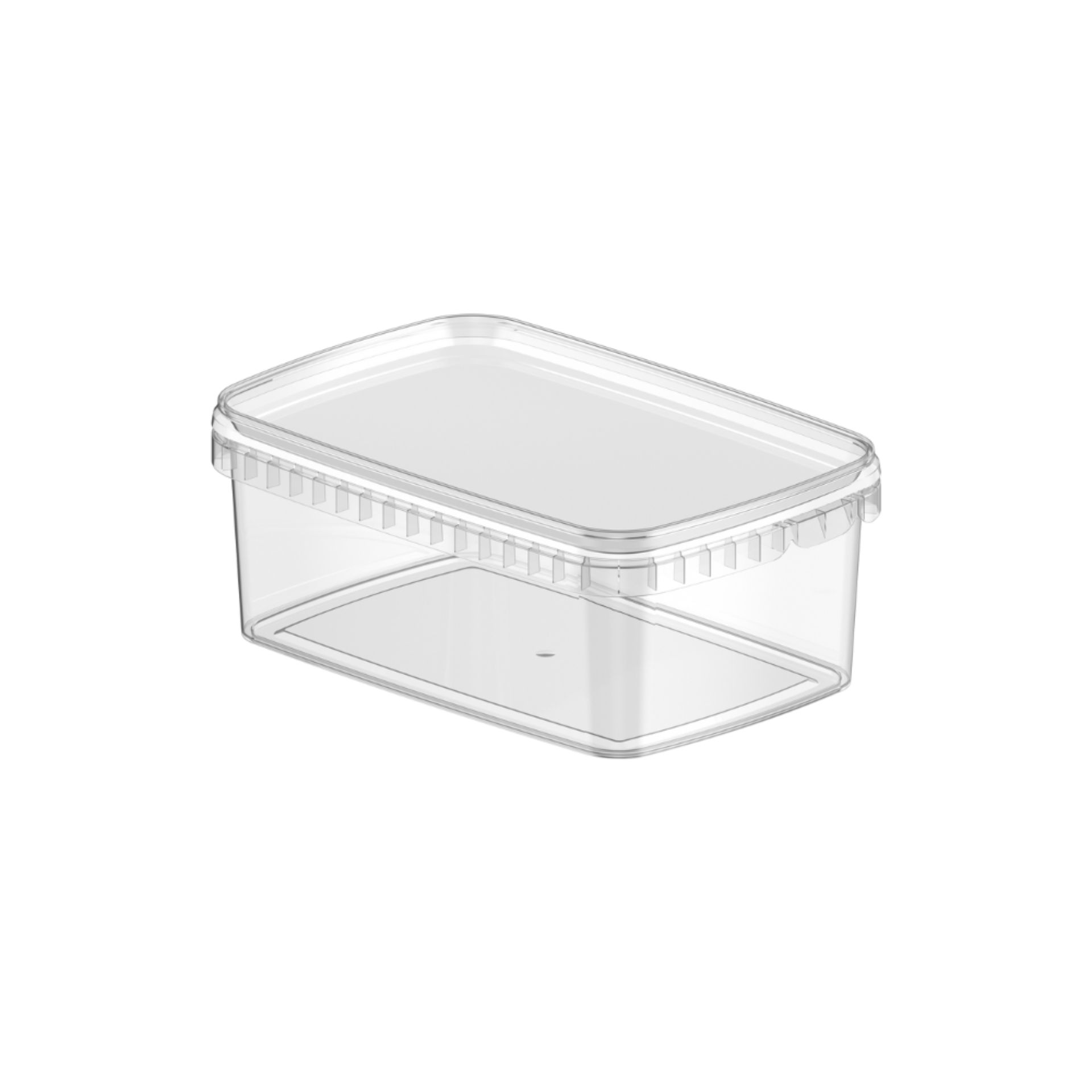 Rechteckige 1200-ml-Frischhaltedose aus transparentem Kunststoff mit passendem Stülpdeckel, auf weißem Hintergrund.